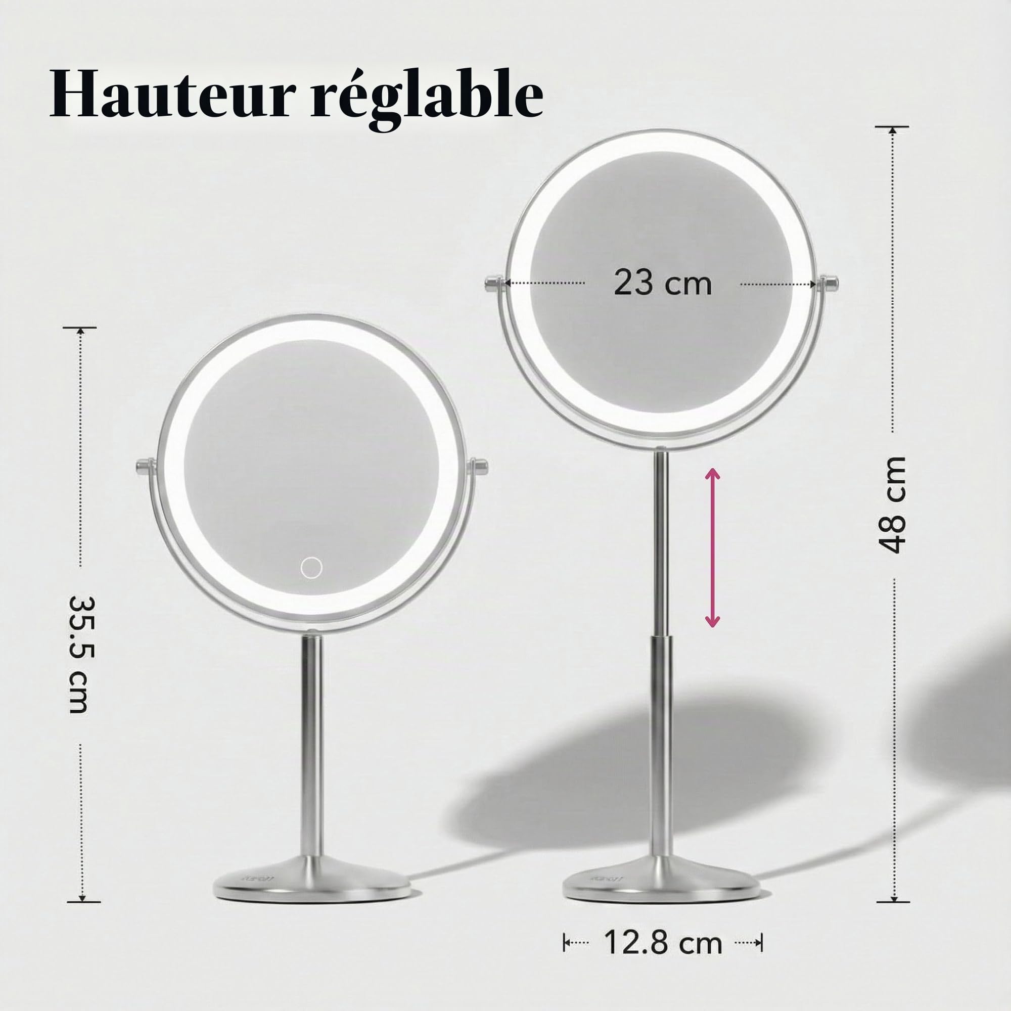 Fancii Miroir de Maquillage Lumineux de 20,3 cm avec grossissement, Hauteur réglable x10/1x, Rechargeable, Miroir de courtoisie Double Face à LED avec lumière et Support, pivotant à 360° (Hailey)