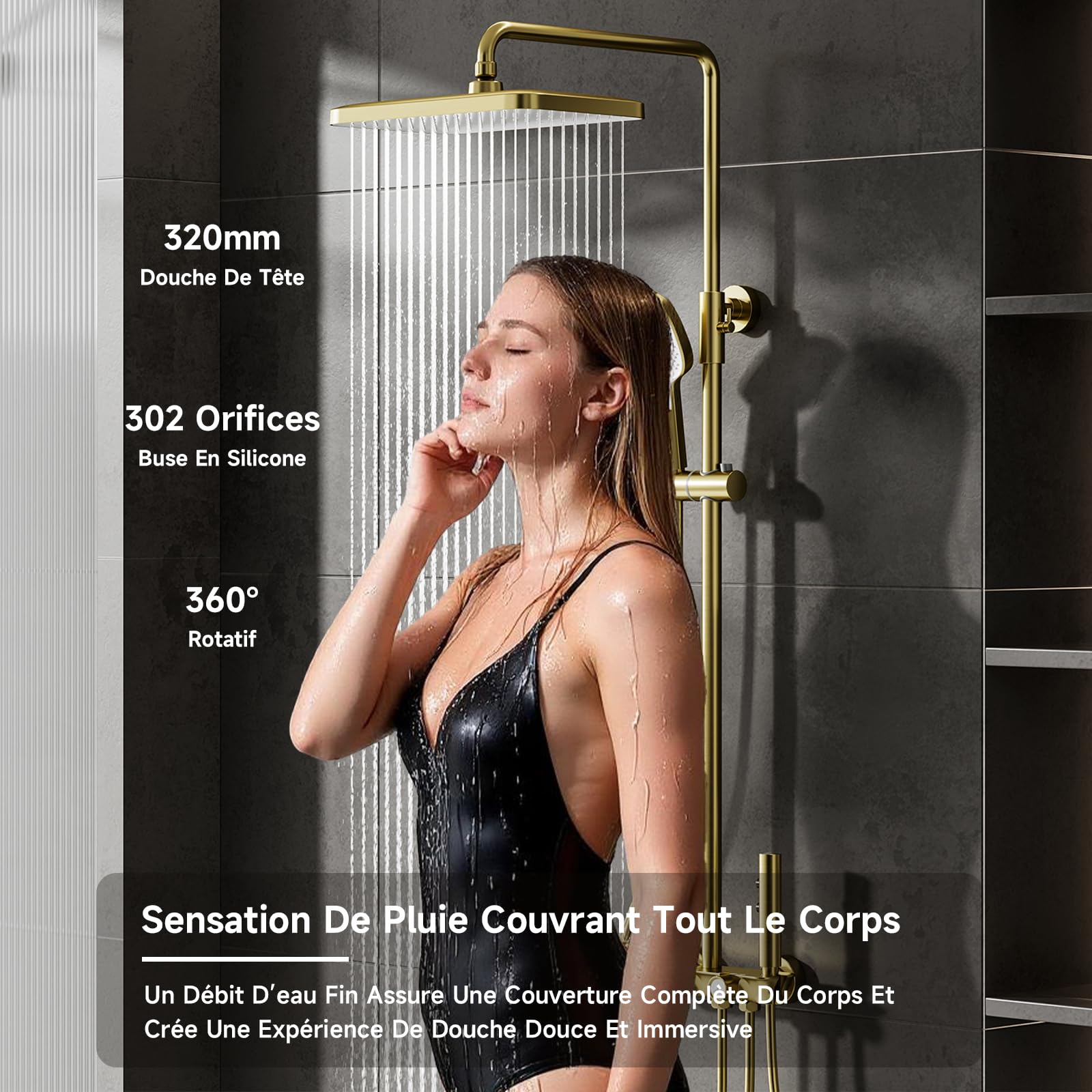 Colonne de douche, colonne de douche thermostatique en or brossé | Ensemble de colonne douche 4-en-1, grande pomme de douche à effet pluie 320 × 220 mm, douche à effet pluie avec accessoires