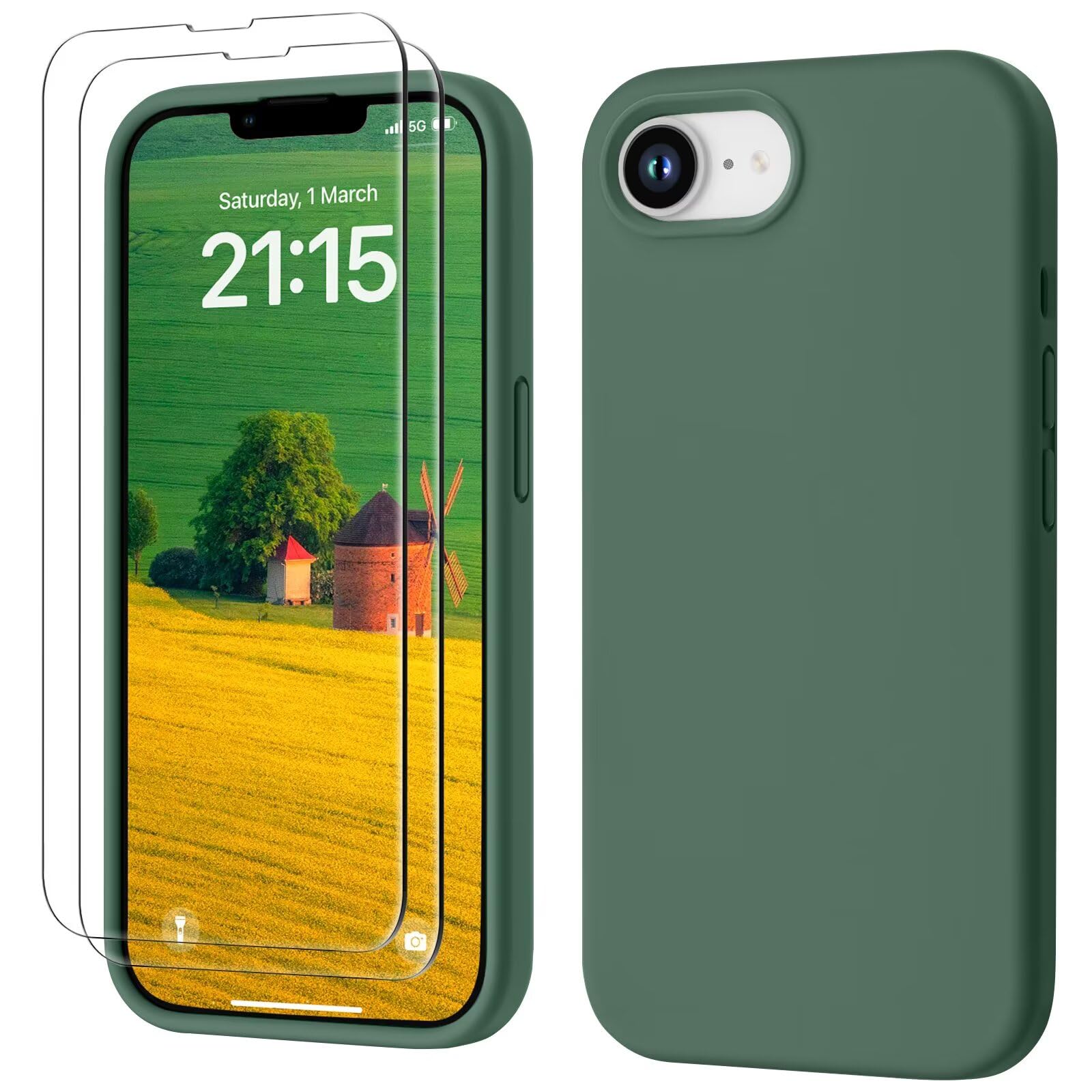 GOODVISH 3 in 1 Silicone Cover per iPhone 16e 6.1", Custodia con 2 Pellicola Vetro Temperato [Protezione Fotocamera] Protezione Anticaduta Case per Cellulare Antiurto Resistente, Verde Pino