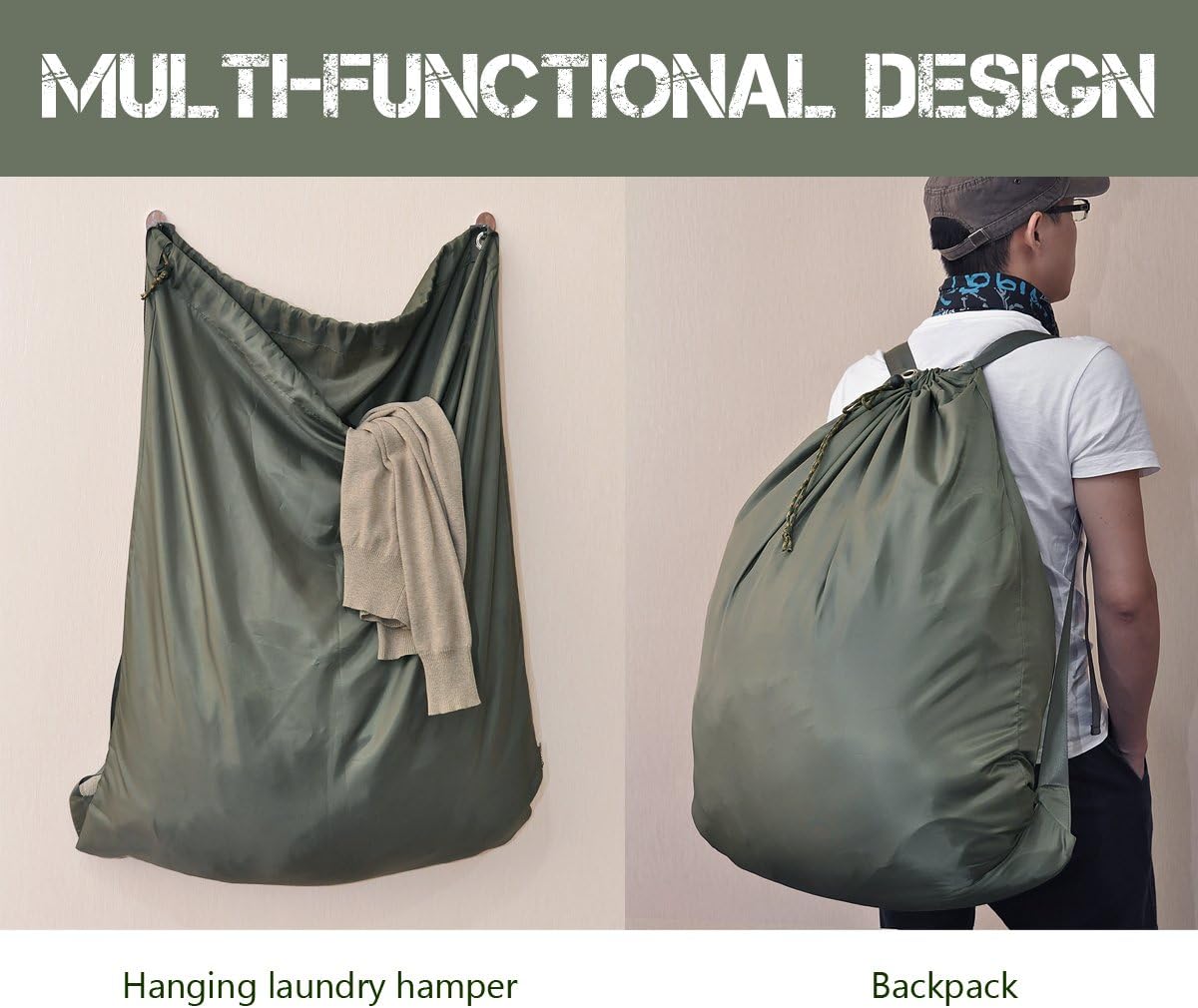 『25”X31”』Hanging Laundry Hamper Bag, 100% Nylon Laundry, Dry & Cleaning Store Use with Adjustable Shoulder Straps, Army Green