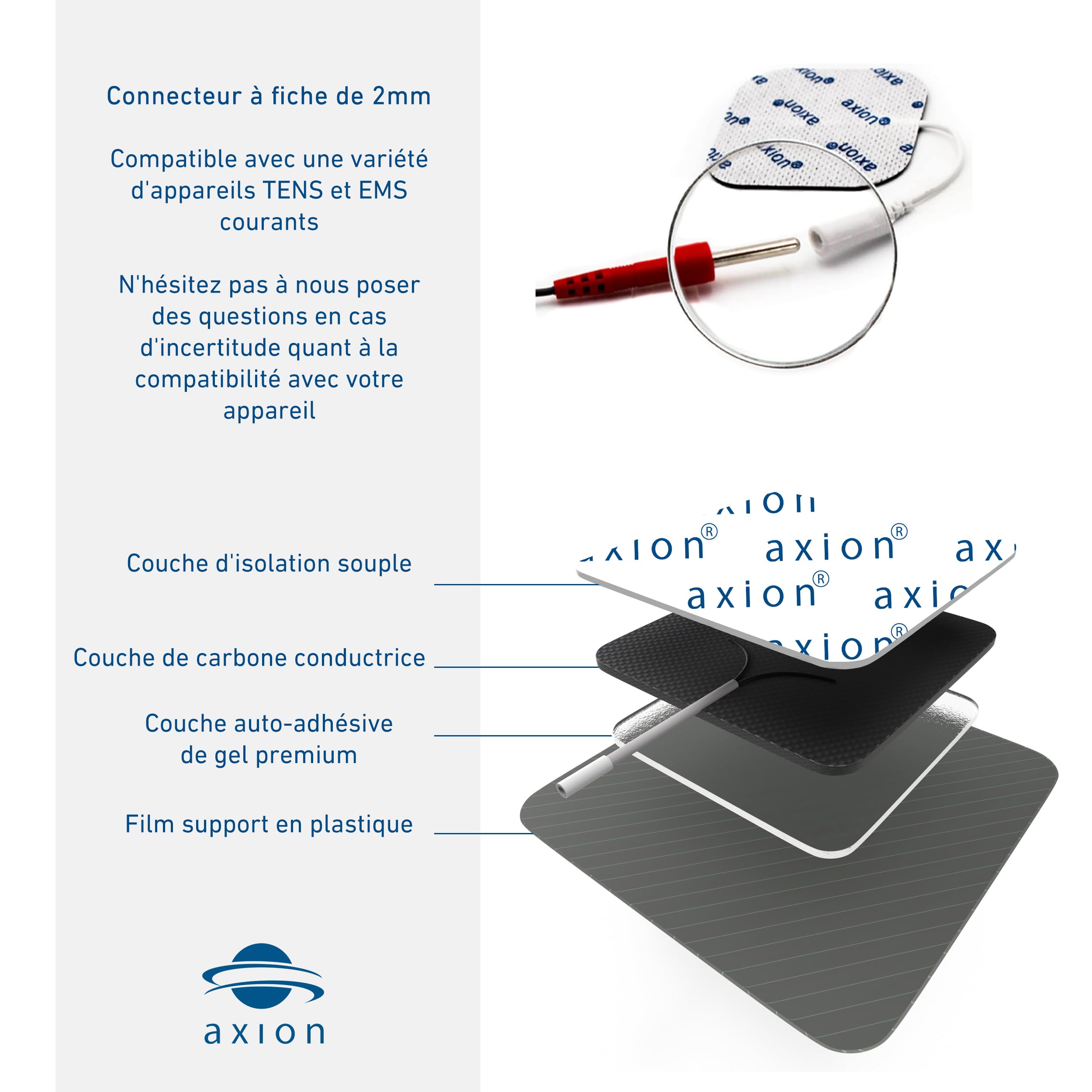 48 électrodes 5x5 cm axion | patchs électrostimulation TENS EMS | compatibilité électrostimulateur à connexion filaire de 2 mm