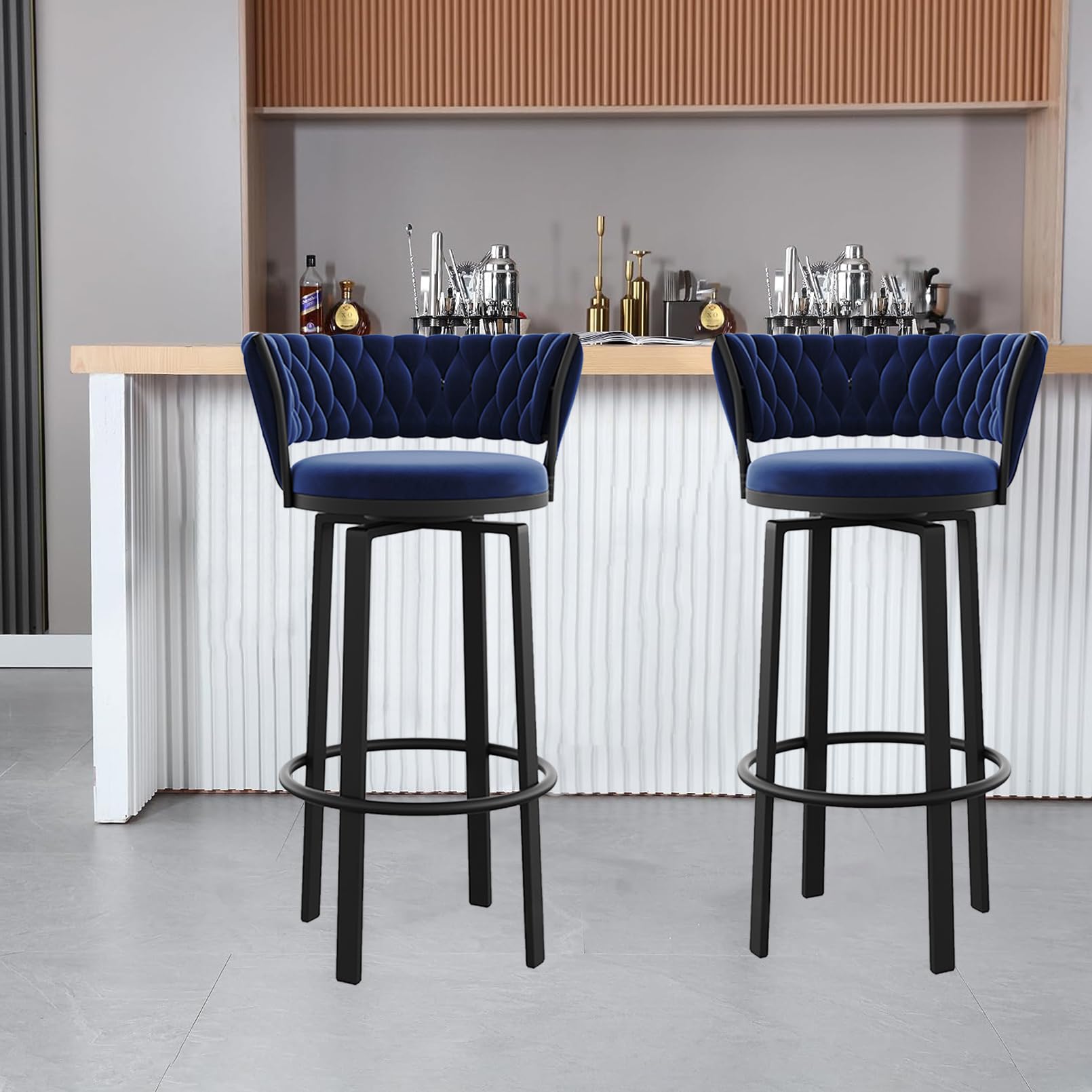 Sgabelli da Bar girevoli in Altezza con Contro, sedie da Bar in Velluto, Schienale Intrecciato, Sedile Confortevole, Ideale per Cucina, Sala da Pranzo e Decorazioni per la casa