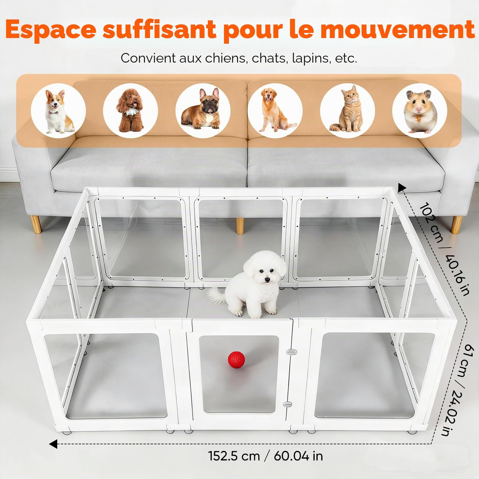 10 Panneaux Parc pour Chien,Parc Transparent pour Animaux de Compagnie de 60cm,pour intérieur et extérieur avec Porte verrouillable pour enclos pour Chiens/Chats/Lapins (152 * 102 * 61CM)