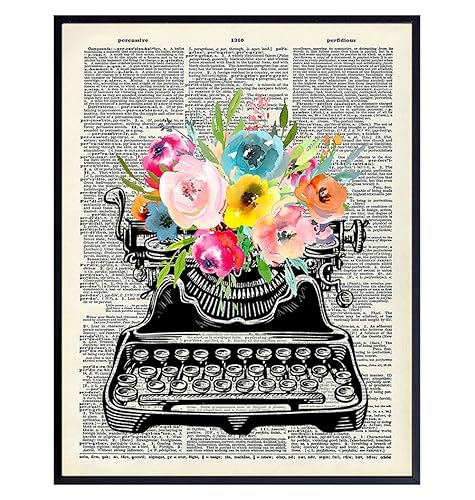 Shabby chic Typewriter Wall Art LARGE 11x14 - Vintage Floral Home Decor for Women, Writer, Teacher, Journalist, Personal Assistant, Secretary - Retro Living room Bedroom Wall Decor - Unique Gift Idea - 11"L x 14"W