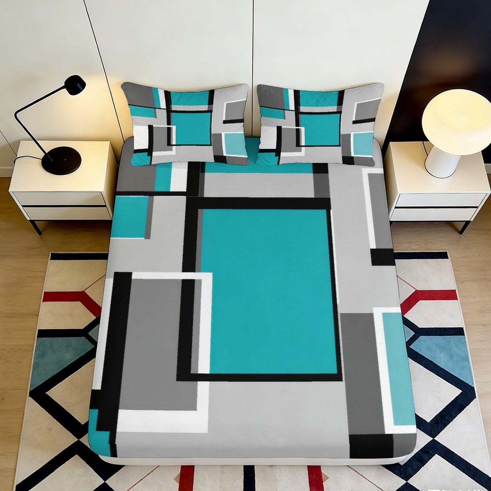 3D Printed Geometric Turquoise Fitted Sheet Microfiber Soft Modern Abstract Mattress Cover for Bedroom Dorm Decor 90x200x25cm