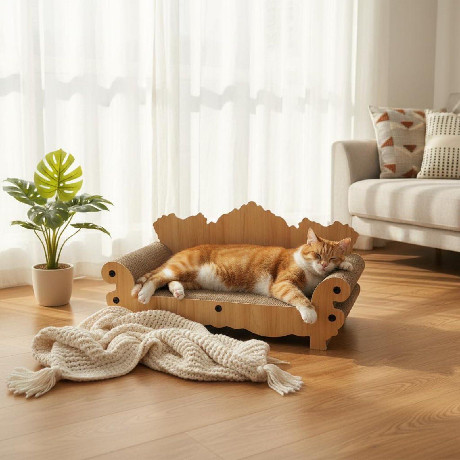 Canapé Griffoir pour Chat Griffoir Canapé Lit Meuble Sofa Courbure Anatomique pour Soutien Carton Ondulé Dense Antidébris Cadre Stable Imitation Bois, Haute Qualité