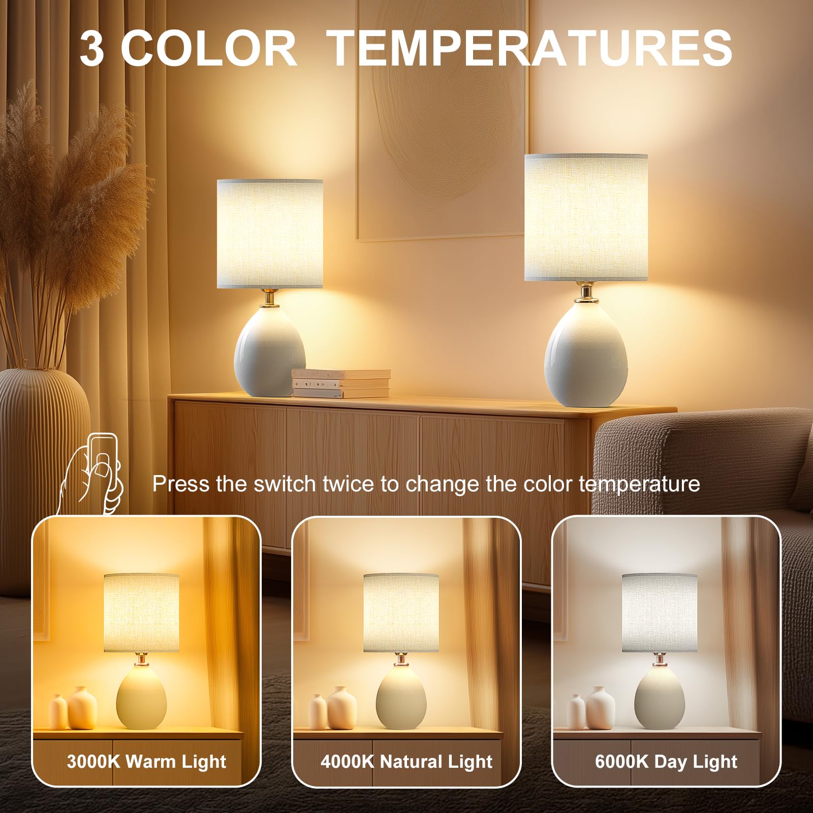Dawnwake Nachttischlampe, 2-Teiliges Set, Dimmbare LED-Tischlampe Mit Keramikfuß und Leinenschirm, Geeignet Für Schlafzimmer, Wohnzimmer und Büro[Energieeffizienzklasse F]