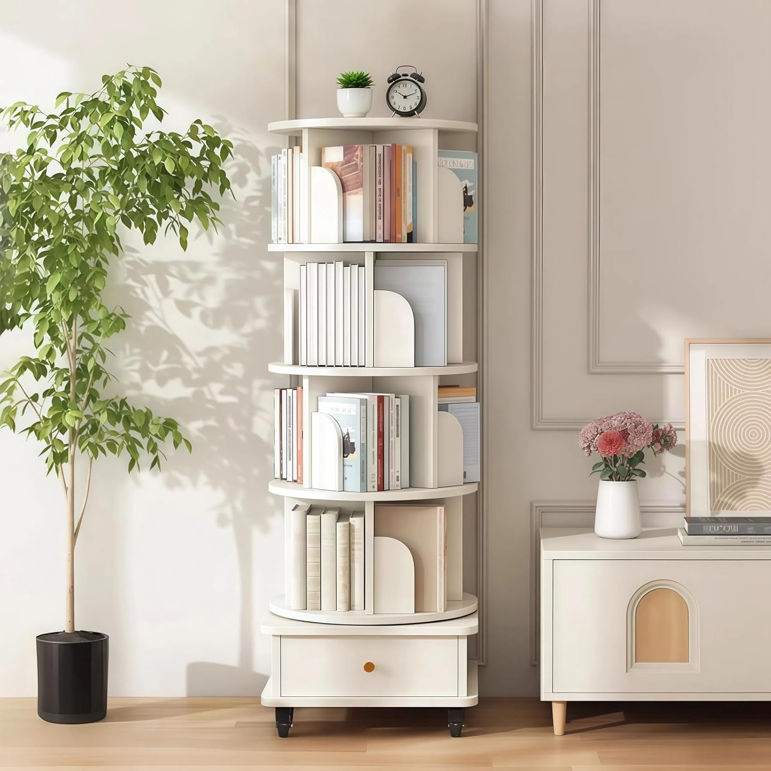 Merax 5 Tier Rotating Bookshelf, 360°Display Round Spinning Bookcase with Wheels, Small Space Book Case Tower for Bedroom Living Room Home Office,Warm White