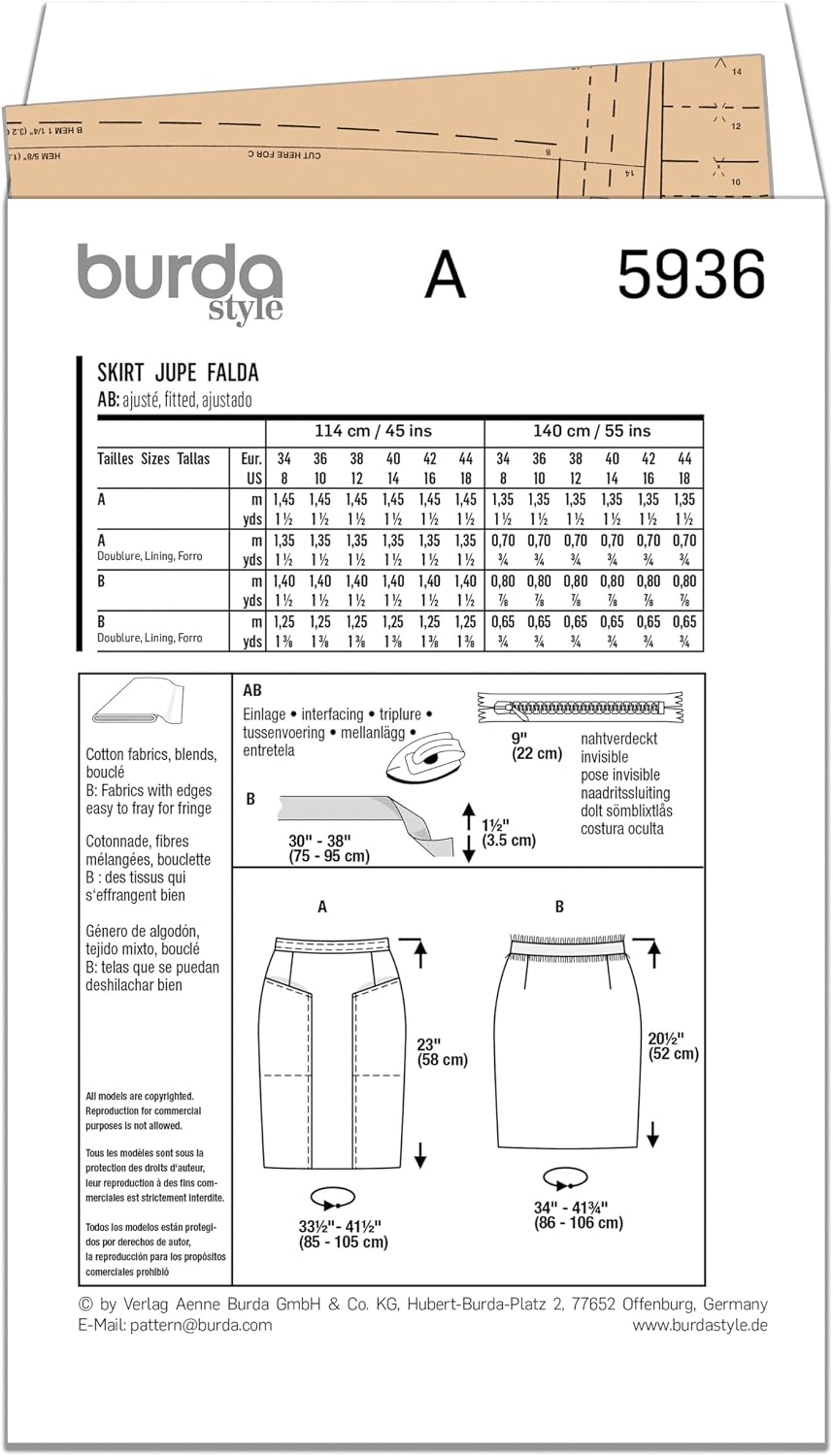 Burda Style X05936BURDA Misses' Slim-fit Skirt Sewing Pattern Packet, Design Code B5936, Sizes 8-18 (34-44)