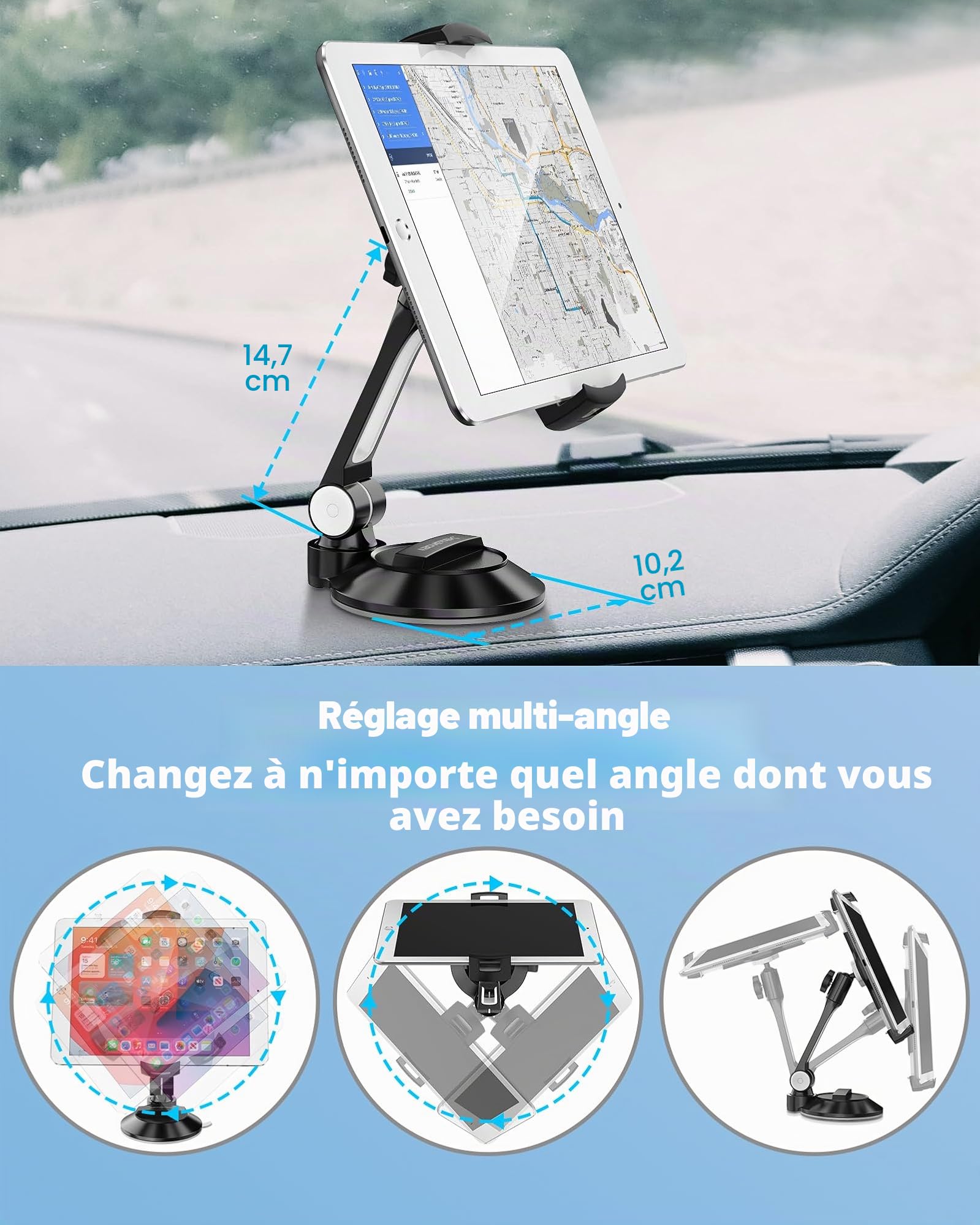 AboveTEK Support à ventouse pour iPad, téléphone et tablette avec ventouse pour tablette/téléphone/iPad mini/Air de 10,2 à 27,9 cm, pour fenêtre, salle de bain, miroir, pour voiture, camion