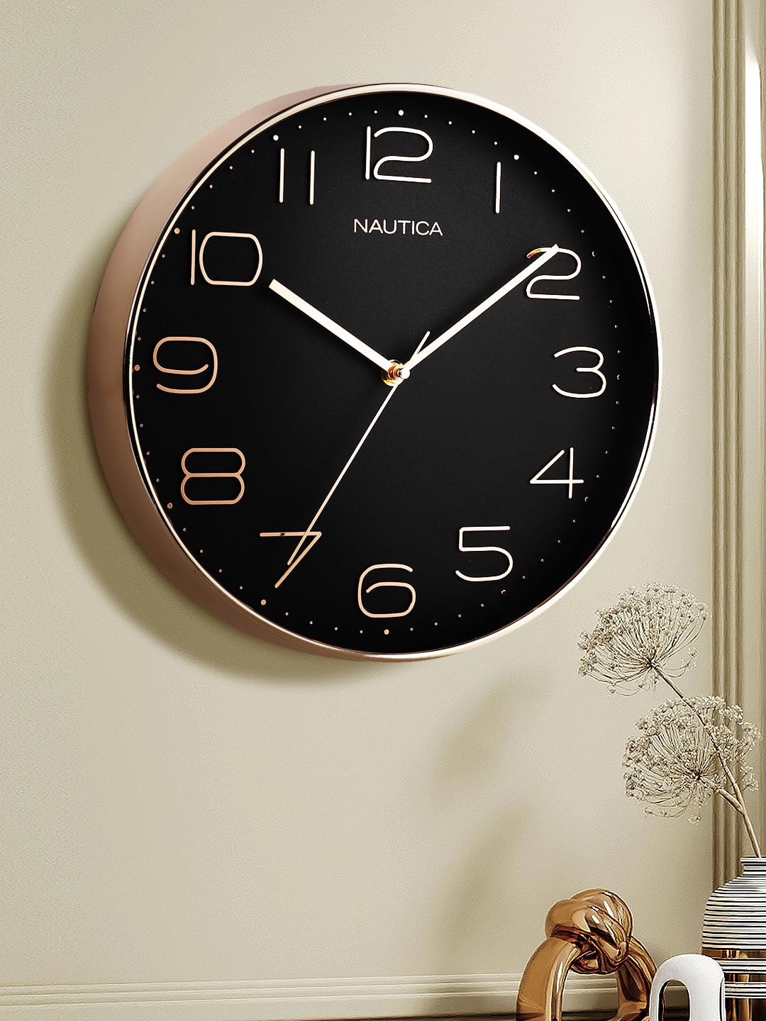 NAUTICA Luxury Finish Modern Wall Clock with Silent Non-Ticking Quartz Sweep Movement – 1pc|12 Inch|Decorative Clock for Home, Office, Bedroom, Kitchen, Living Room (Abs)(3D-Glossy Rim-Black/Rosegold)-image-25