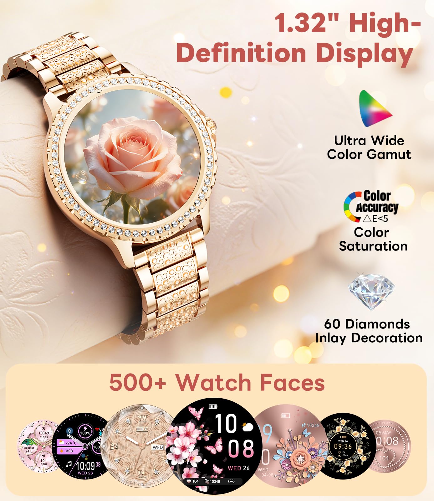 Smartwatch Damen mit Diamant, 1,32" HD Round Fitnessuhr mit Telefonfunktion, Herzfrequenz/Schlafmonitor, 500+ Ziffernblätter, IP68, 110+ Sportmodi Sportuhr Armbanduhr für Android iOS, Roségold