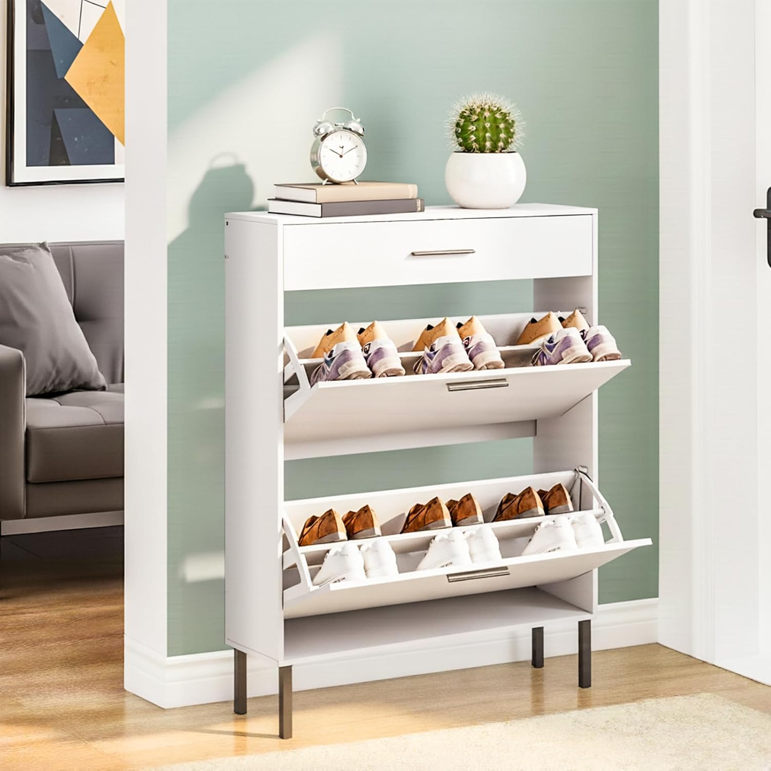 Narrow Shoe Cabinet for Entryway - Slim White Shoe Storage Cabinet with 2 Flip Drawers - Freestanding Shoe Cabinet with Drawer for Front Door & Entry Way (31.5 Inch Wide)