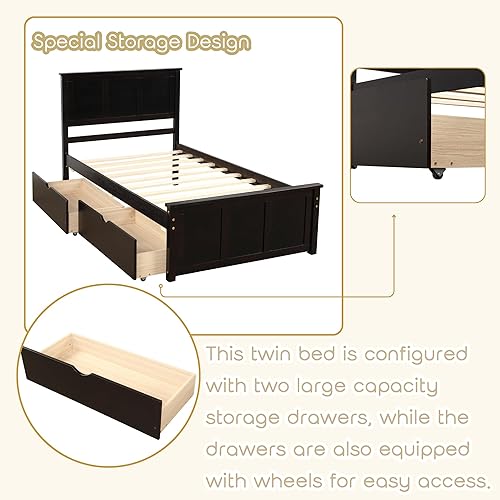 Miniatura 4 de Bellemave Cama individual con cajones, plataforma de madera con cabecero y estribo, cama capitán de madera para niños, niñas, niños, adolescentes,
