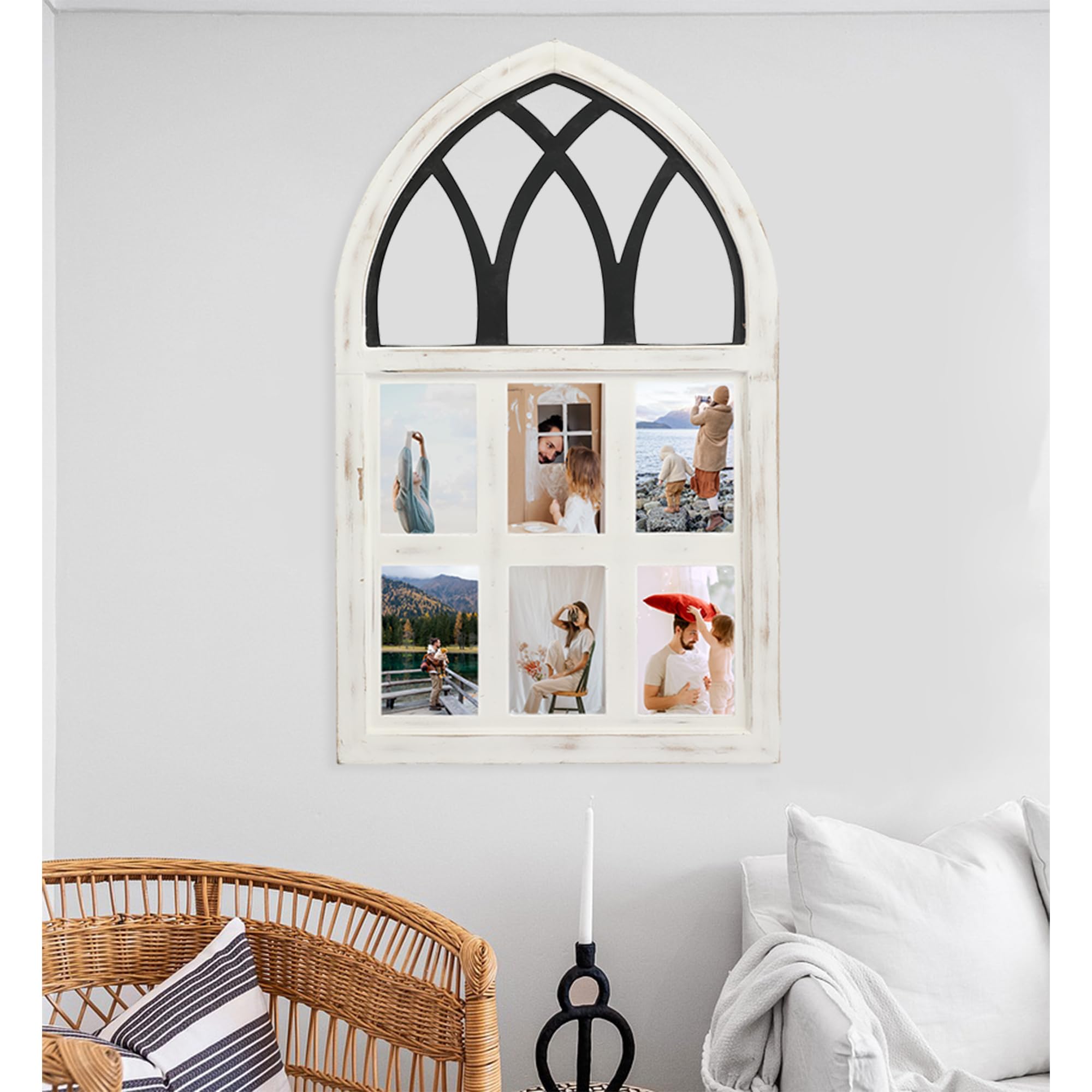 4x6 Farmhouse Picture Frames Collage, Arched White Windowpane Photo Frames with 6 Openings, Rustic Wall Decor for Living Room, Entryway,