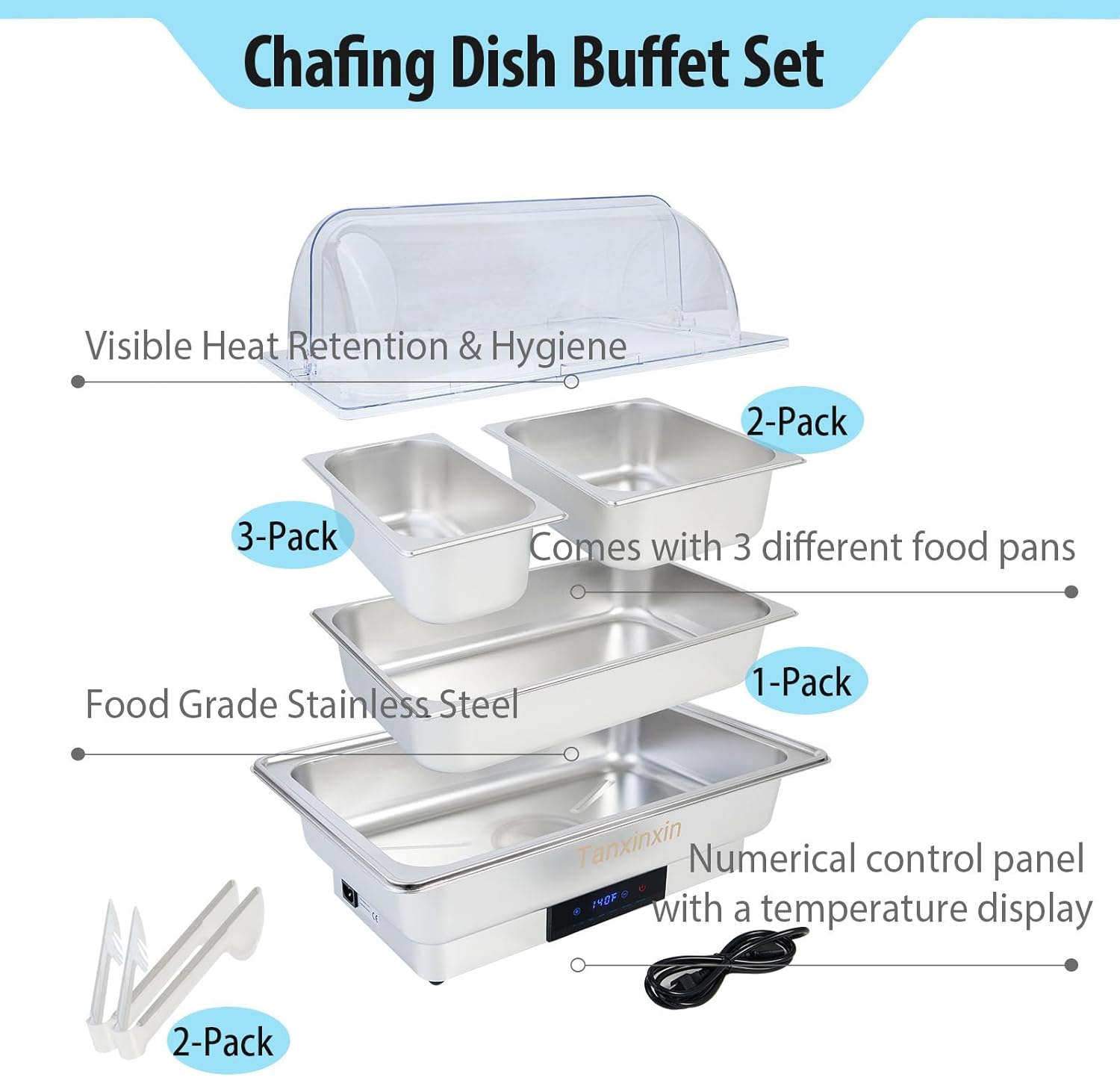12 QT Electric Chafing Dish Buffet Set,Roll Top Chafer with Digital Adjustable Temp Control Food Warmer,Stainless Steel Full Size & Half-Size &Three-Section,Catering,Buffets,600W