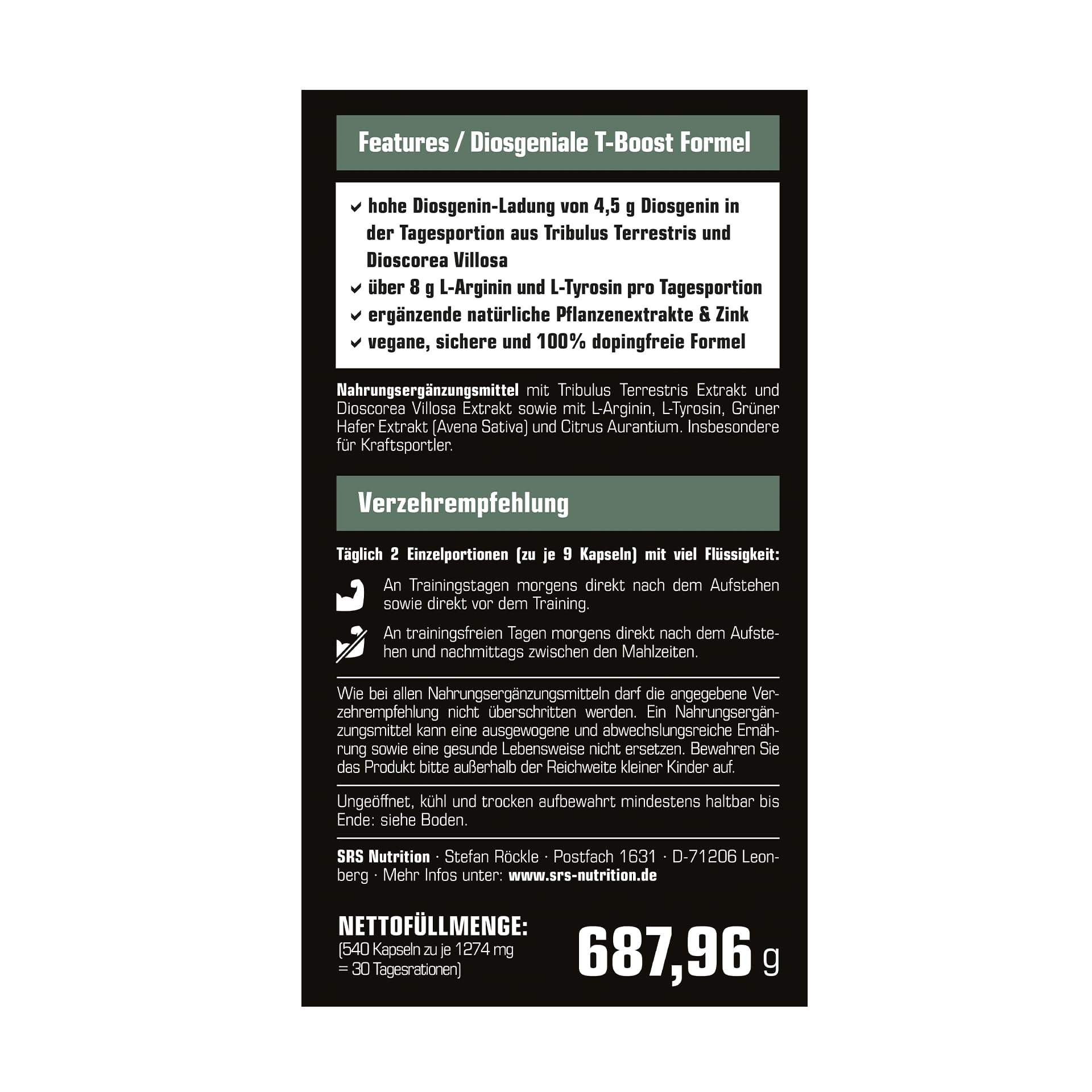 SRS Muscle - Dios Gen, 540 Kapseln | Diosgenetic T-Boost Formula | mit speziellem Tribulus Terrestris, Dioscorea Villosa, Avena Sativa u.a.m. | deutsche Premiumqualität