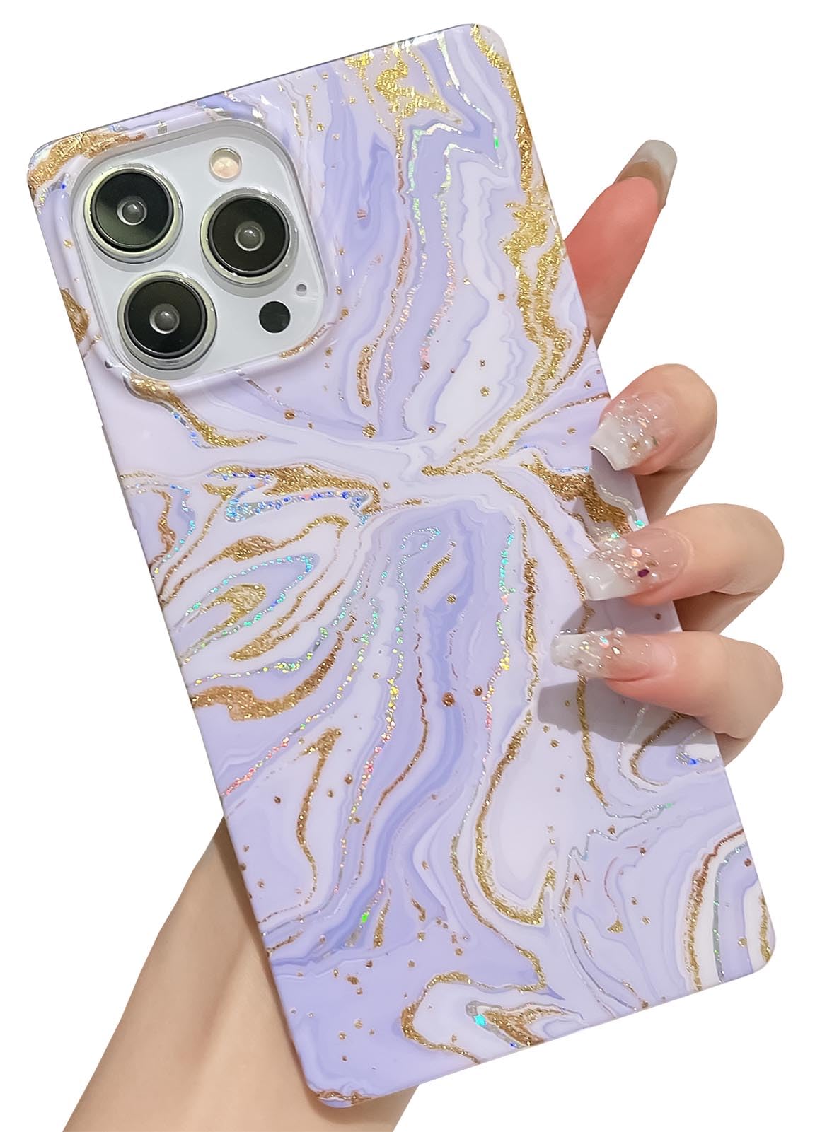 KERZZILLuxury Glitter Marble Pattern Compatible with iPhone 13 Pro Rectangle Edge Case,Chic Slim Golden Plating TPU Rubber Gel Sturdy Protective Bumper Cases Cover(Lilac)