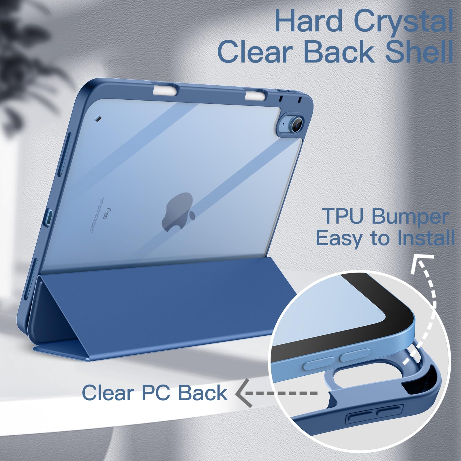 JETech Custodia per iPad 10 (10,9 Pollici, Modello 2022, 10ª Generazione) con Portapenne, Posteriore Chiaro Trasparente Supporto Sottile per Tablet Cover Antiurto (Navy)