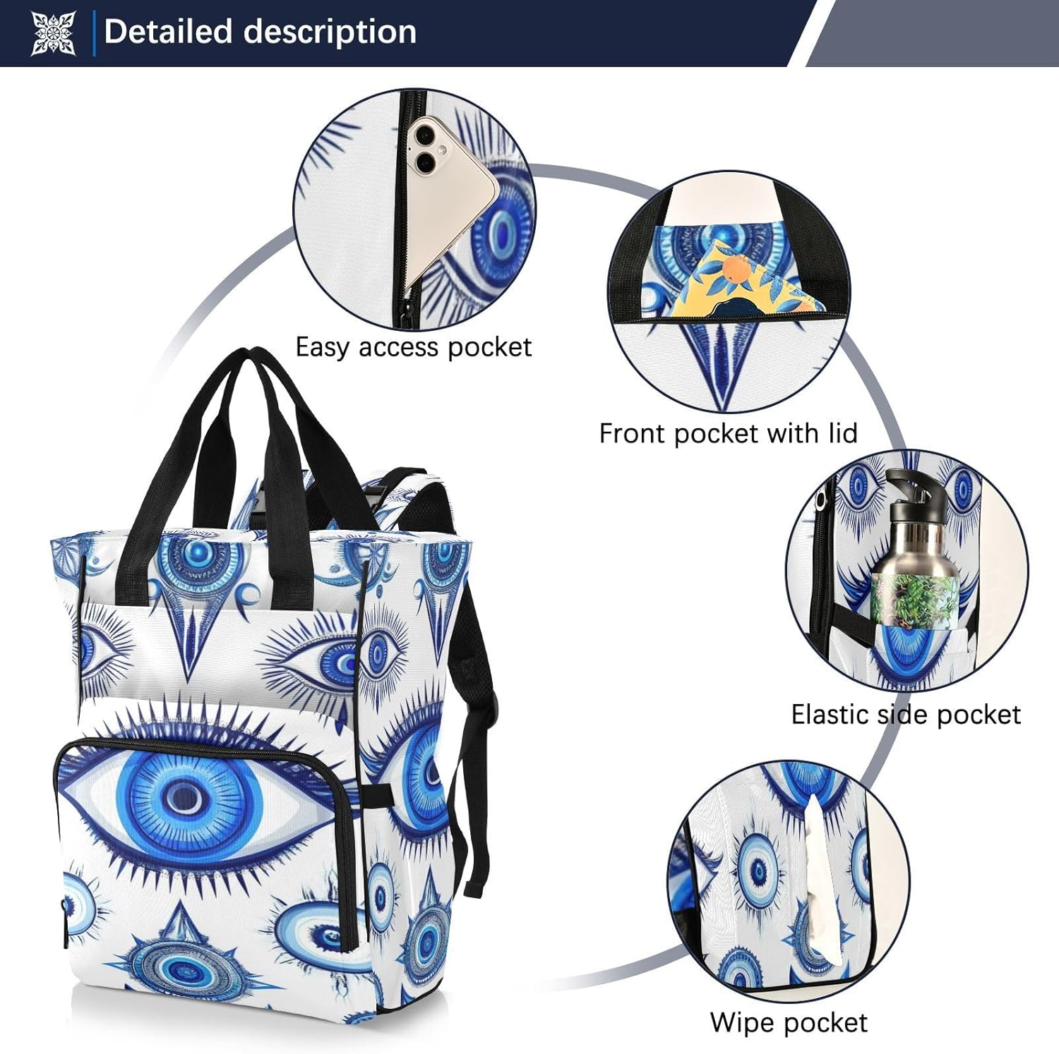 Kigai Blue Evil Eyes Diaper Bag Backpack for Baby Travel Waterproof Multi‑Pocket Baby Bag with Insulated Bottle Holders & Stroller Straps for Mom & Dad