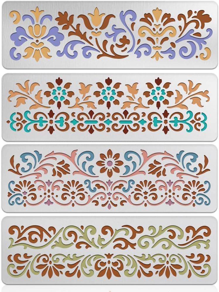 UNICRAFTALE 4pcs Retro Decorative Patterns Metal Stencils Retro Stainless Steel Plante Pattern Template Reusable Bookmark Label Stencil for Card Making DIY Scrapbooking
