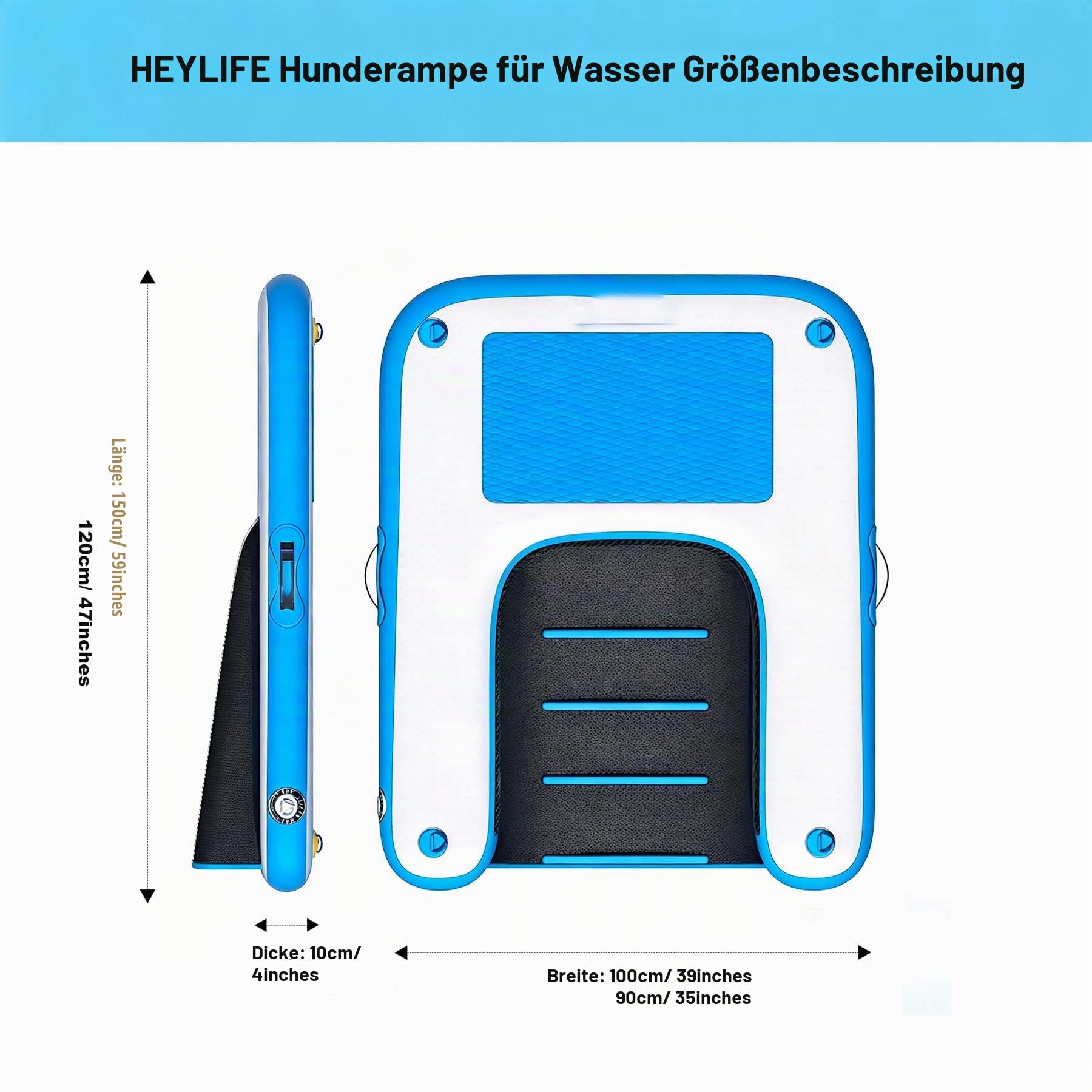 HEYLIFE Aufblasbare Hunde Wasserrampe bis 100 kg Schwimmend Pool See Blau | Hunderampen UV & Salzwasserfest 150×100×10 (cm) Rutschfeste kratzfeste EVA-Auflage Doppelhub-Handpumpe & Zubehörset