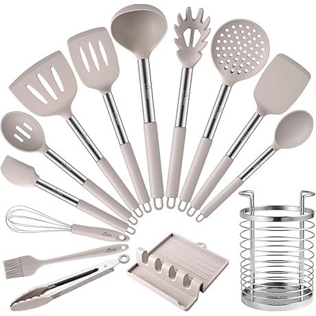 Dishwasher Safe, 14-Piece Heat Resistant Silicone & Steel Kitchen Utensil Set With Holder