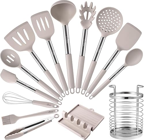 Miniatura 1 de HOTEC Utensilios de cocina de silicona resistentes al calor, juego de utensilios de cocina, juego de espátula, sin BPA, utensilios de cocina, con