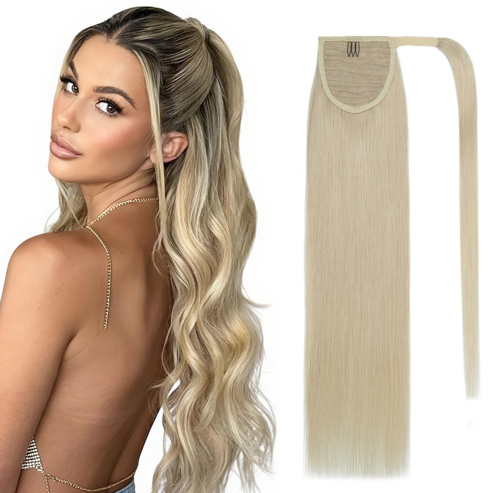 SEGO Coda Capelli Extension Clip Coda di Cavallo 100% Remy Human Hair Lisci Naturali Ponytail Aderire 45cm-90g # Biondo Platino