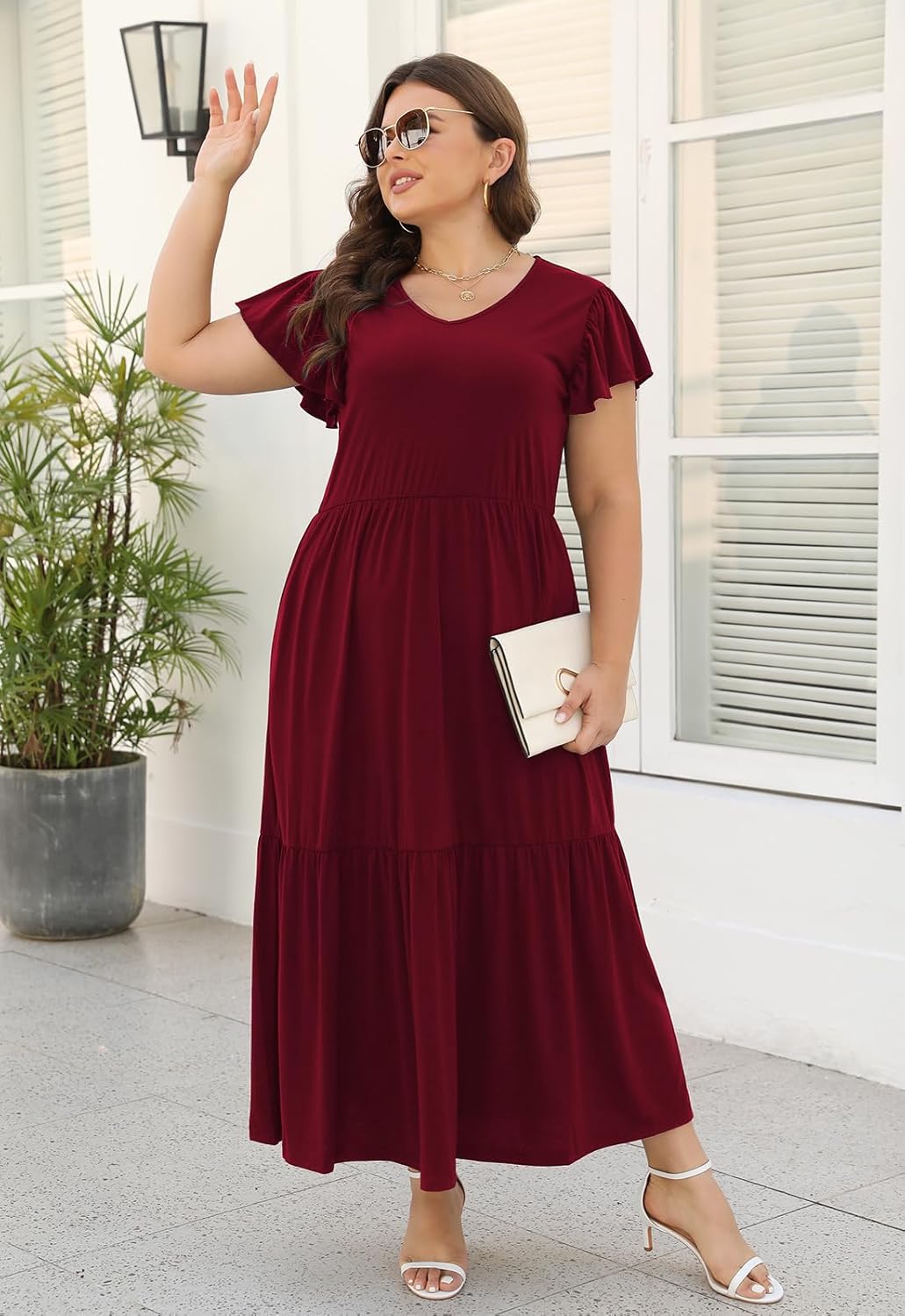 Celkuser Women's Plus Size Casual Summer Maxi Dress - Ruffle Sleeve Crew Neck Tiered with Elastic Waist and Pockets (cel162,20,Wine) - Image 4