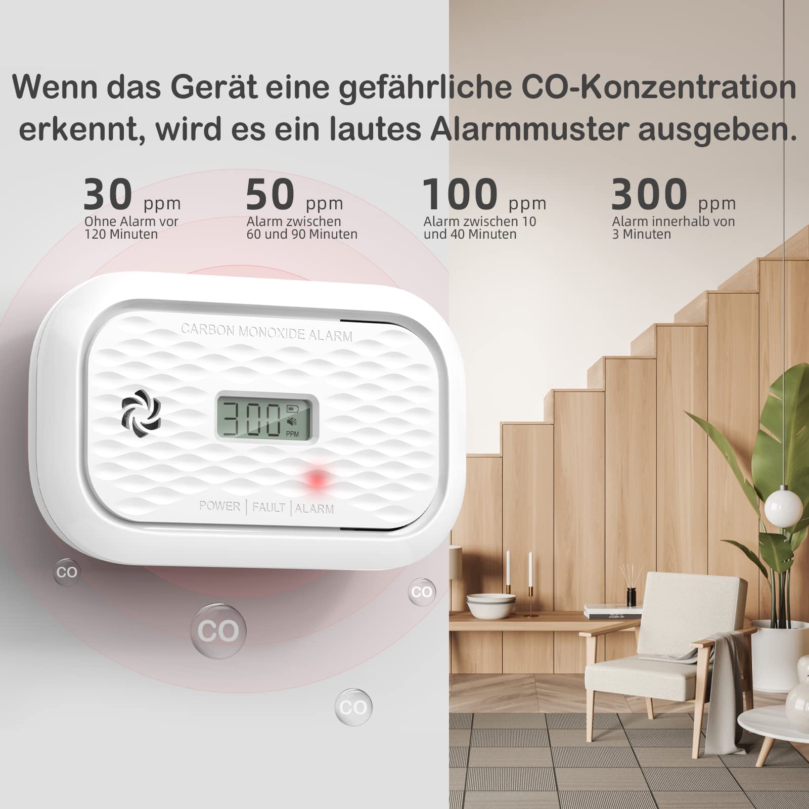 ZA326 Kohlenmonoxid Melder mit LCD Display, Tragbarer CO Alarm Detektor mit austauschbarer Batterie, 10 Jahre Sensor, 85 dB Alarmlautstärke, 1 Stück