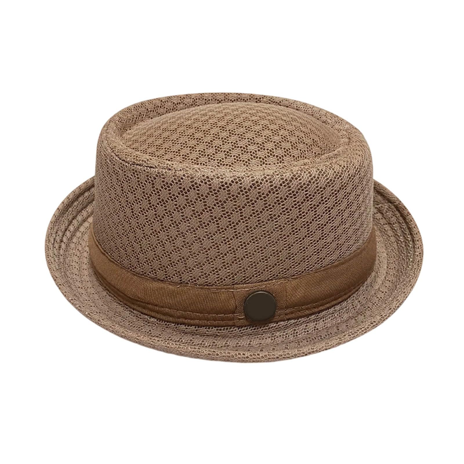 Pork Pie Hats for Men Mesh Short Brim Fedora Summer Lightweight Breathable Sun Protection Bowler Hat Vintage Gentleman Band Cap for Beach Outdoor Travel Party Khaki