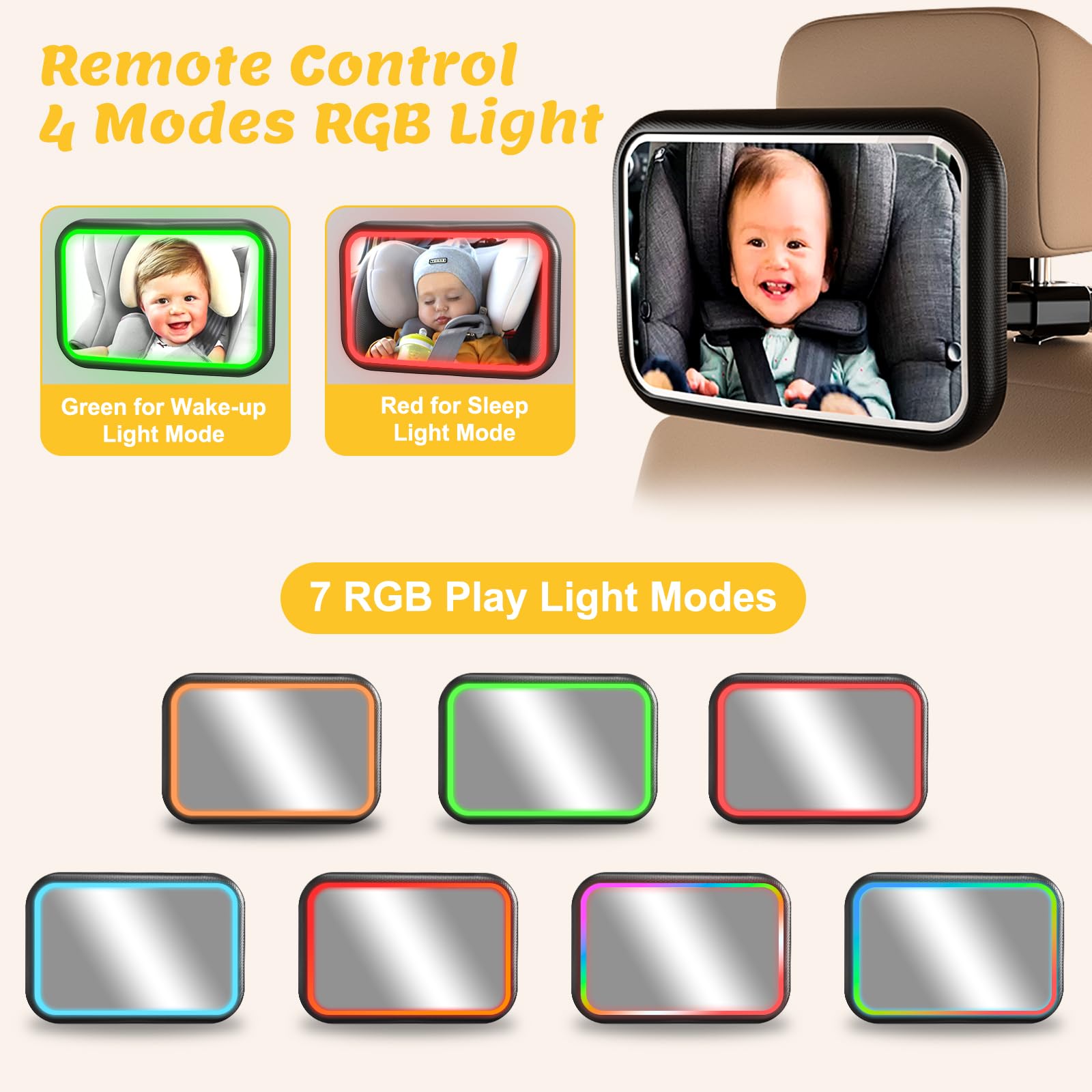 Espejo de coche para bebé con luz, control remoto, espejo de asiento trasero para bebé, 7 modos de luz RGB, rotación de 360°, espejo de asiento de coche recargable para bebé, inastillable y gran