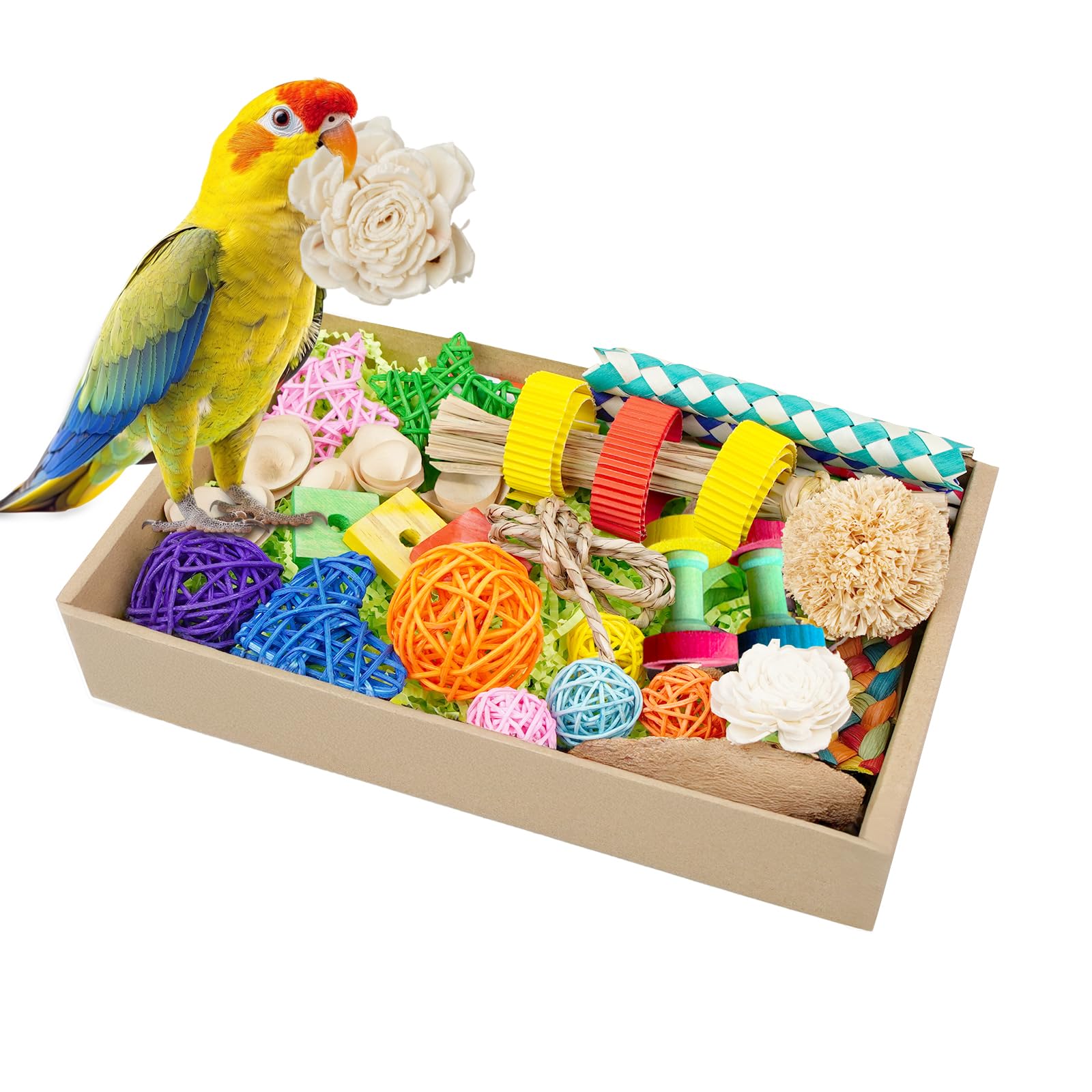 Bird Toys, Colorful Birds Foraging & Shredded Toy Boxs, Rattan Weaving Safe Parrot Toys, for Lovebird Cockatoo African Gray Parrot and Birds