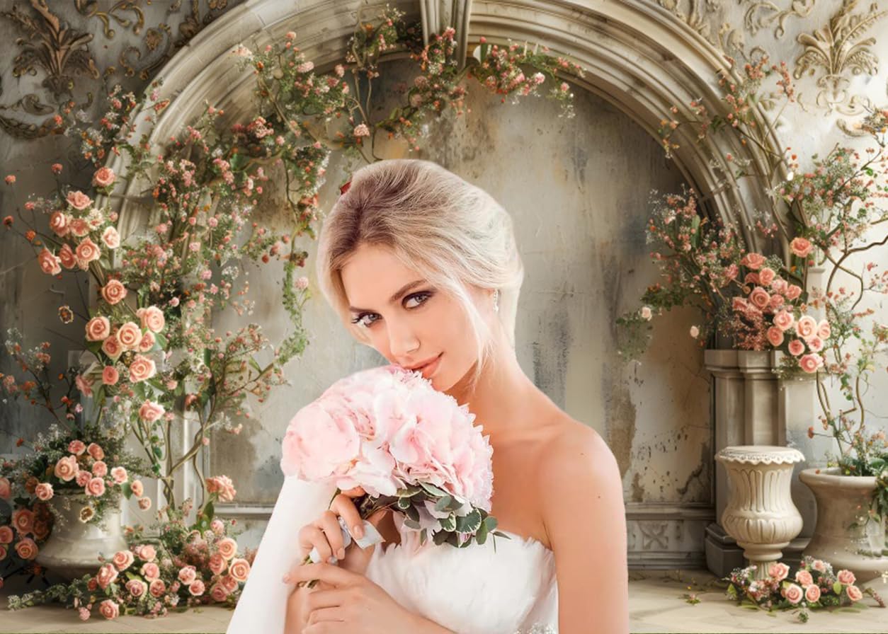3x2.4m Telón de Fondo para Bodas Rosa Flor Retro Medieval Edificio Fotografía de Fondo Ducha de Novia Boda de Compromiso Decoraciones Banner Photo Booth Props