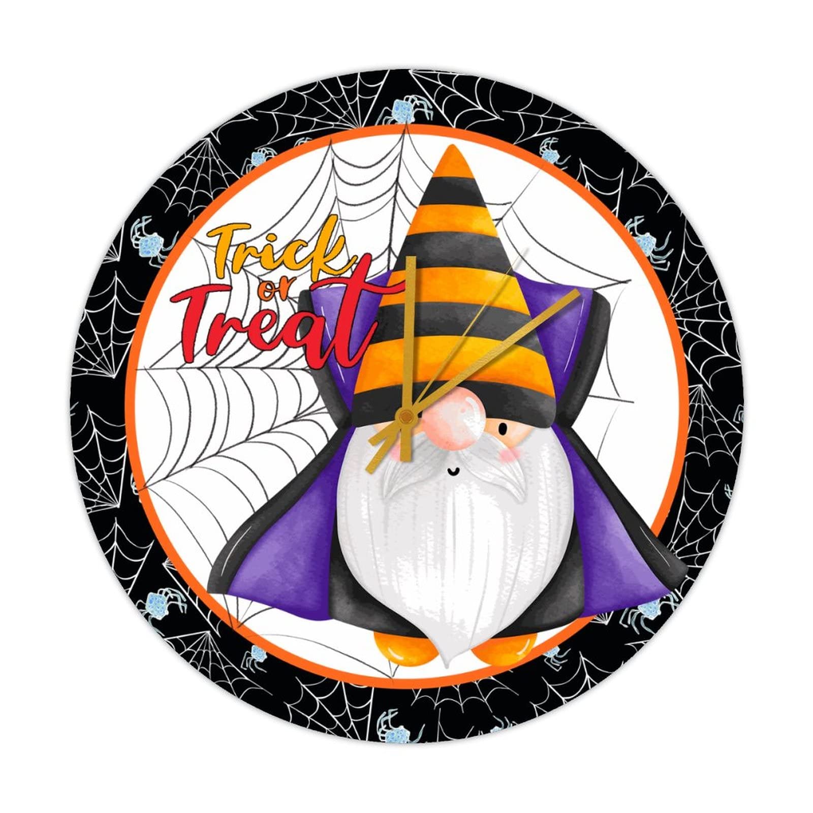 Horloge murale ronde en bois Halloween avec nain et toile d'araignée 38cm