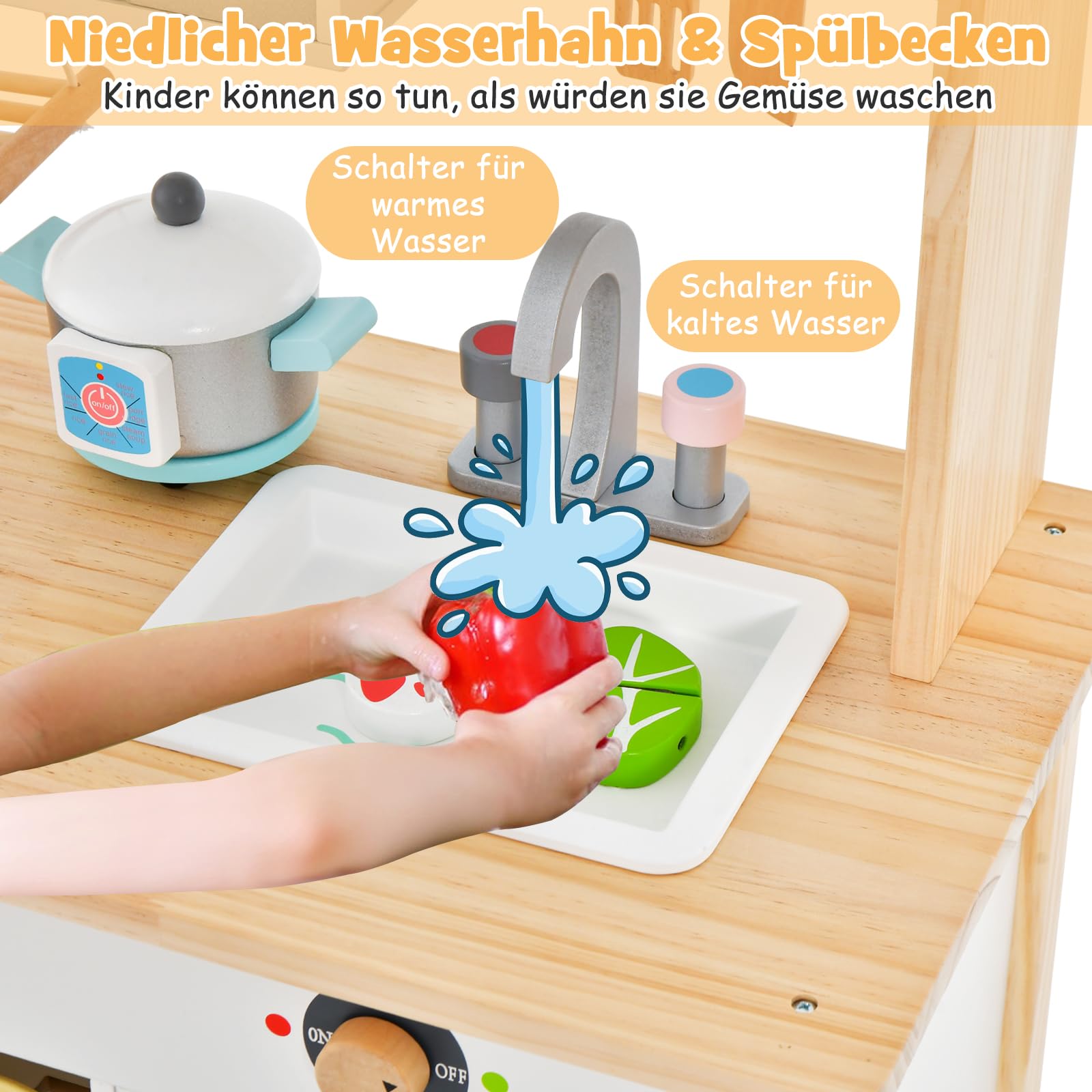 DREAMADE Kinderküche mit 17 TLG. Zubehör, Miniküche Kinderspielküche mit Spülbecken Wasserhahn Herd Mikrowelle, Spielküche Holz für Jungen und Mädchen ab 3 Jahren