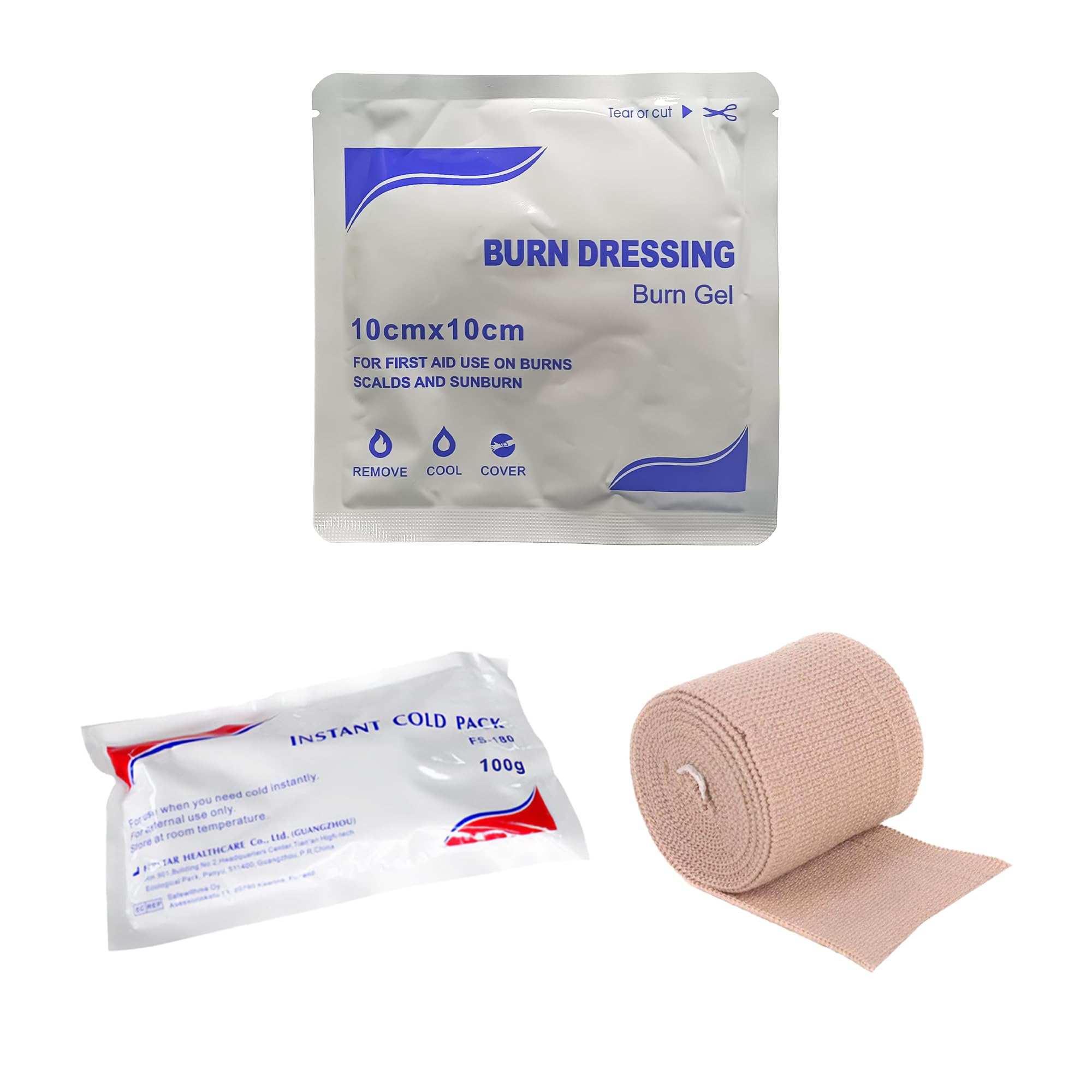 Burncare Relieve Burn Gel + Instant Cold Compress + Adhesive Elastic Bandages Sterile Plaster Strips | First Aid Kit Essentials for Burns, Injuries, Muscle Pain | Pain Relief Kit (3 in 1(1+1+1))