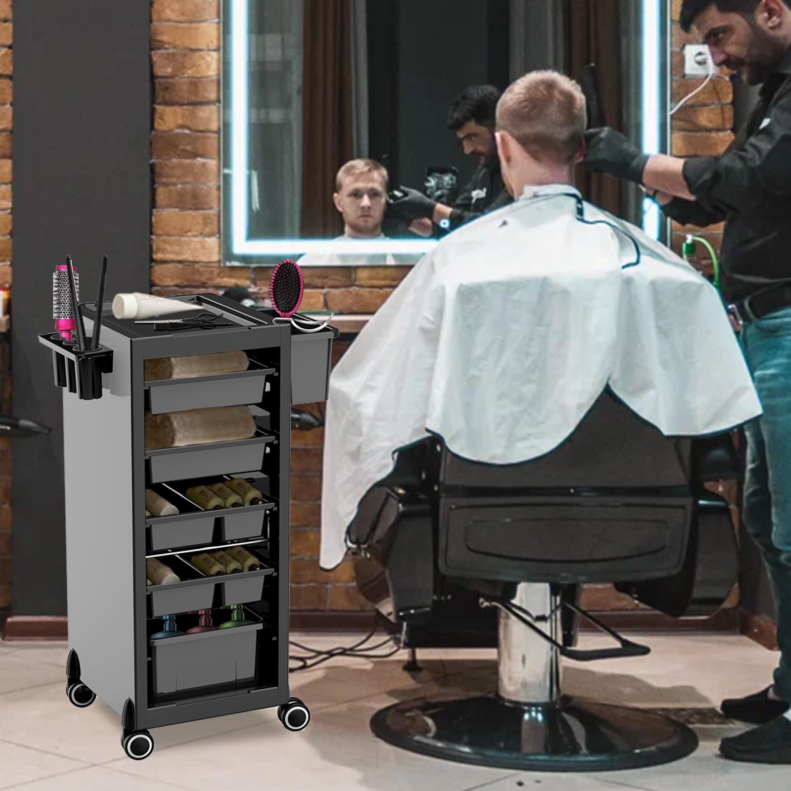 Garvee Chariot de Rangement Professionnel pour Spa et Salon – 6 Plateaux Amovibles, 4 Tiroirs, 2 Paniers, Support Sèche-Cheveux Universel, Roues Pivotantes