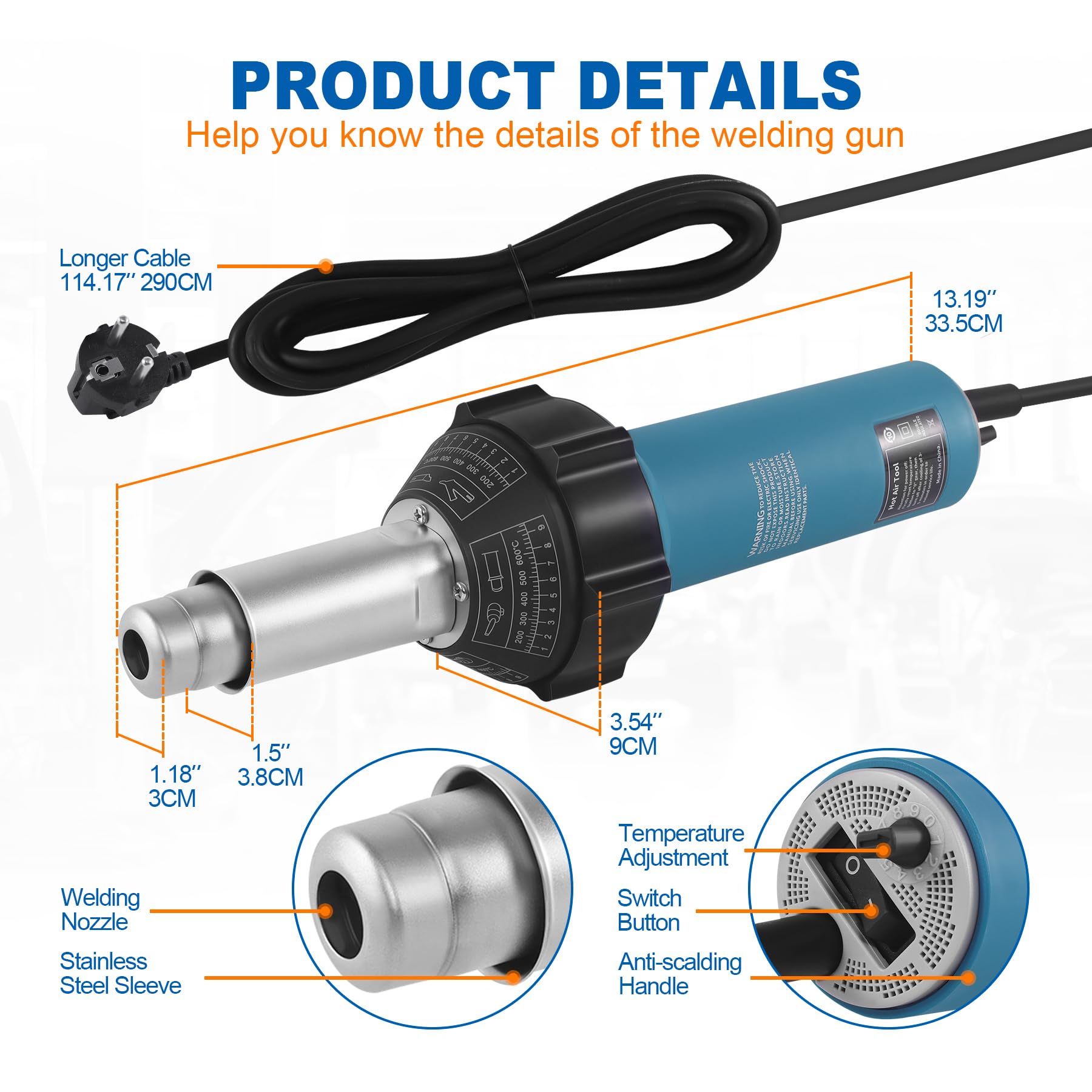 Pistola ad aria calda 1600W 220V in plastica con ugelli e aste PE/PVC, con 2 accessori