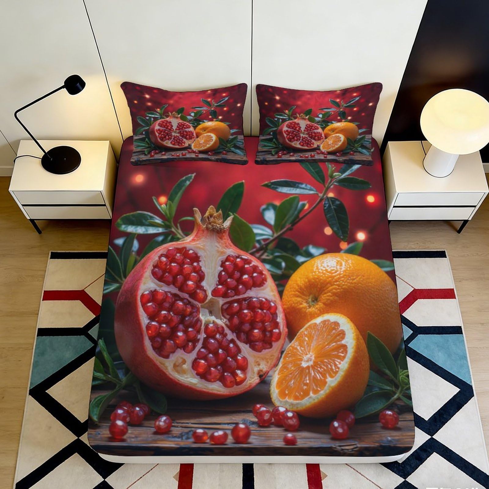 3D Printed Pomegranate Orange Fitted Sheet Microfiber Soft Breathable Fruit Mattress Cover for Bedroom Dormitory Guest Room Protection Decor 200x200x25cm