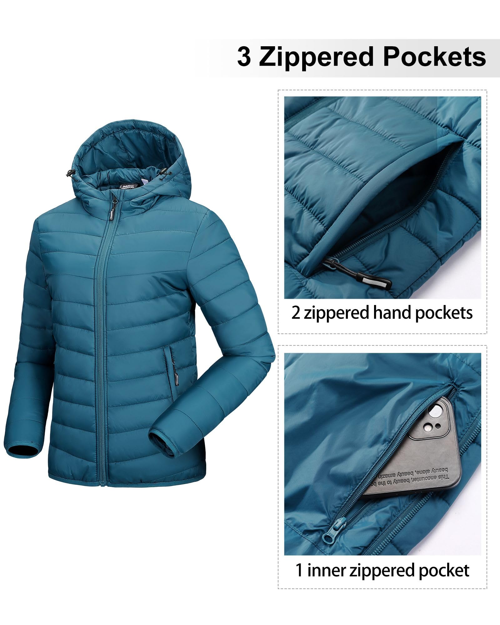 Outdoor Ventures Veste matelassée légère et pliable pour femme - Veste d'hiver chaude avec capuche - Doublée avec poches - Pour les loisirs, la randonnée, les voyages