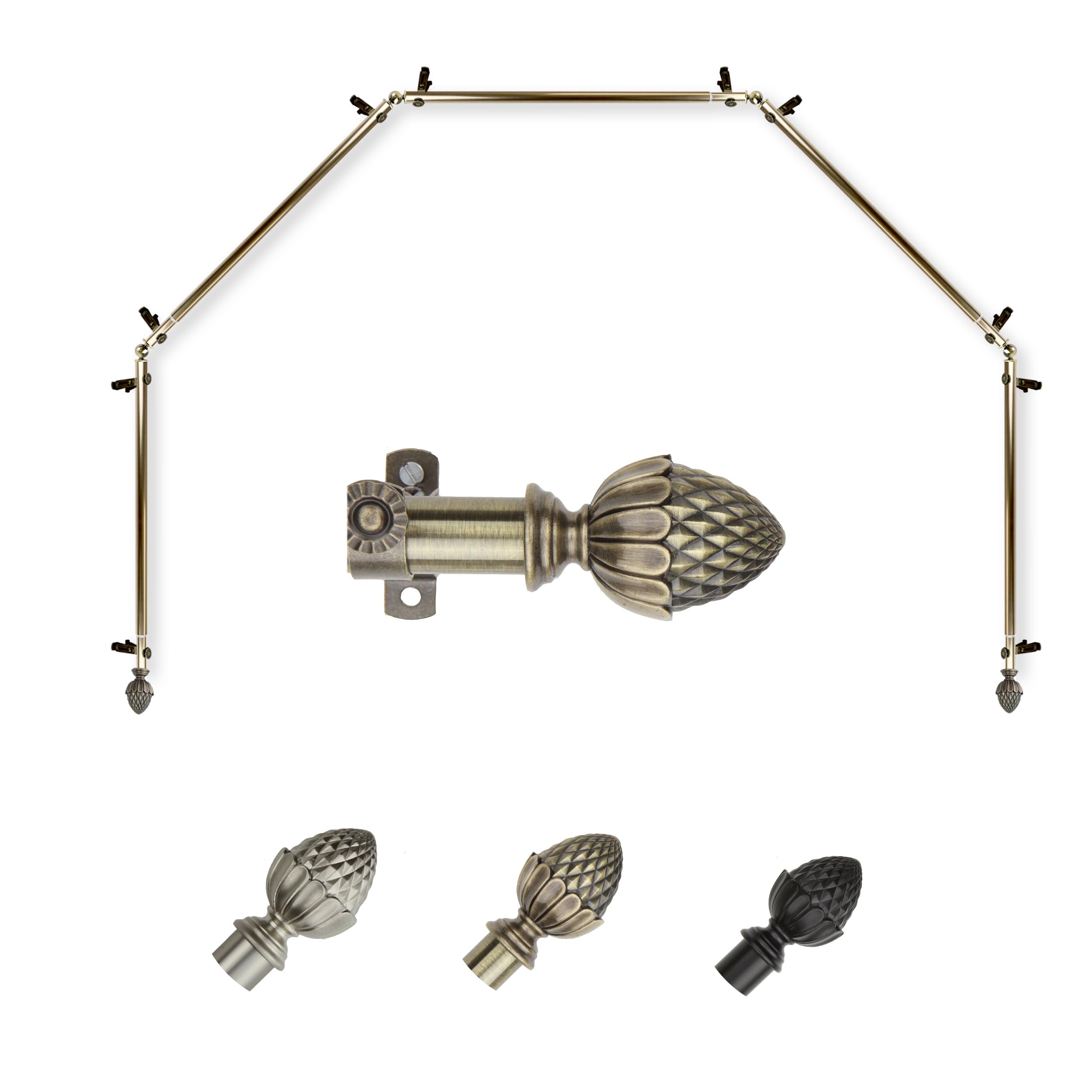 Rod Desyne 13/16" Acorn 5-Sided Bay Window Curtain Rod (28-48 inch each side) - Antique Brass