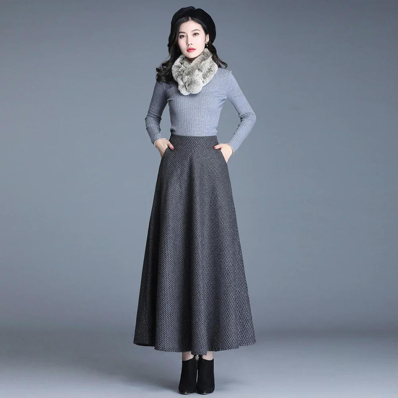 Spódnica damska zimowa ciepła wysoka talia długa spódnica dzianinowa elegancka elastyczna talia vintage casualowa plisowana spódnica maxi