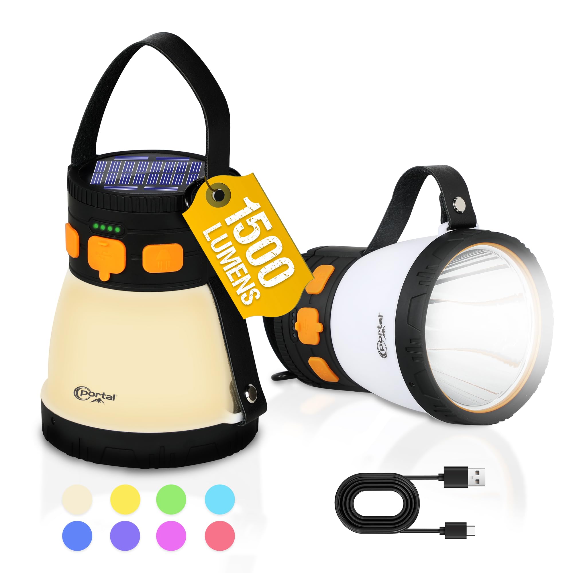 PORTAL Rechargeable Camping Lantern Battery Powered LED Portable Flashlight RGB Camping Lights Waterproof for Power outages, Camp, Tents, Hiking, Fishing, Emergency, Hurricane, 3-in-1(1500LM, 7200mAh)