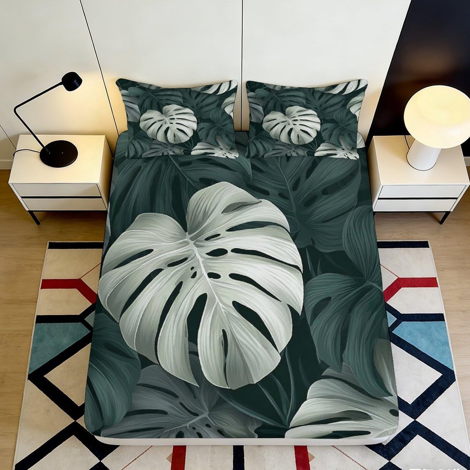 3D Printed Monstera Leaf Fitted Sheet Microfiber Soft Green Tropical Jungle Mattress Cover for Bedroom Decor 90x200x25cm