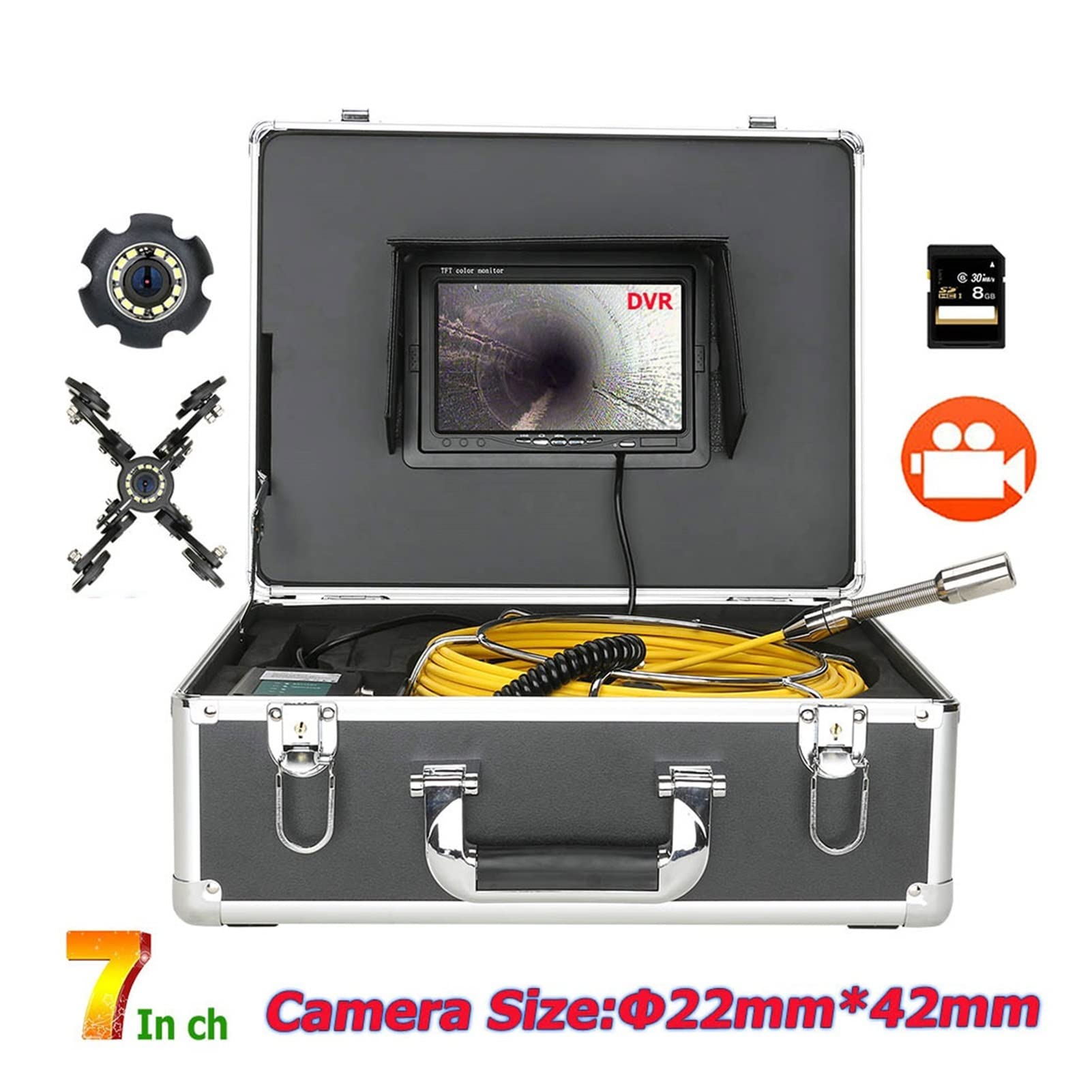 Endoskop, 7 "Monitor 10 0ft / 30m. Kamera inspekcyjna rur, 8 GB SD. Karta DVR IP68. Spustowy rurowy endoskop przemysłowy z 22 mm(10m)