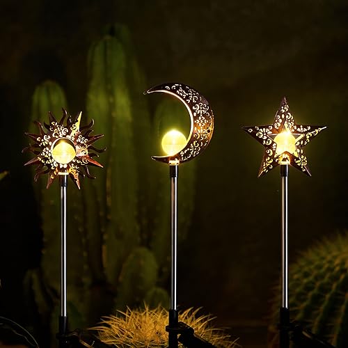 Miniatura 1 de Tryme Luces solares para decoración de jardín al aire libre, sol, luna, estrella, estaca, luz decorativa, impermeable, blanca cálida, decoración de