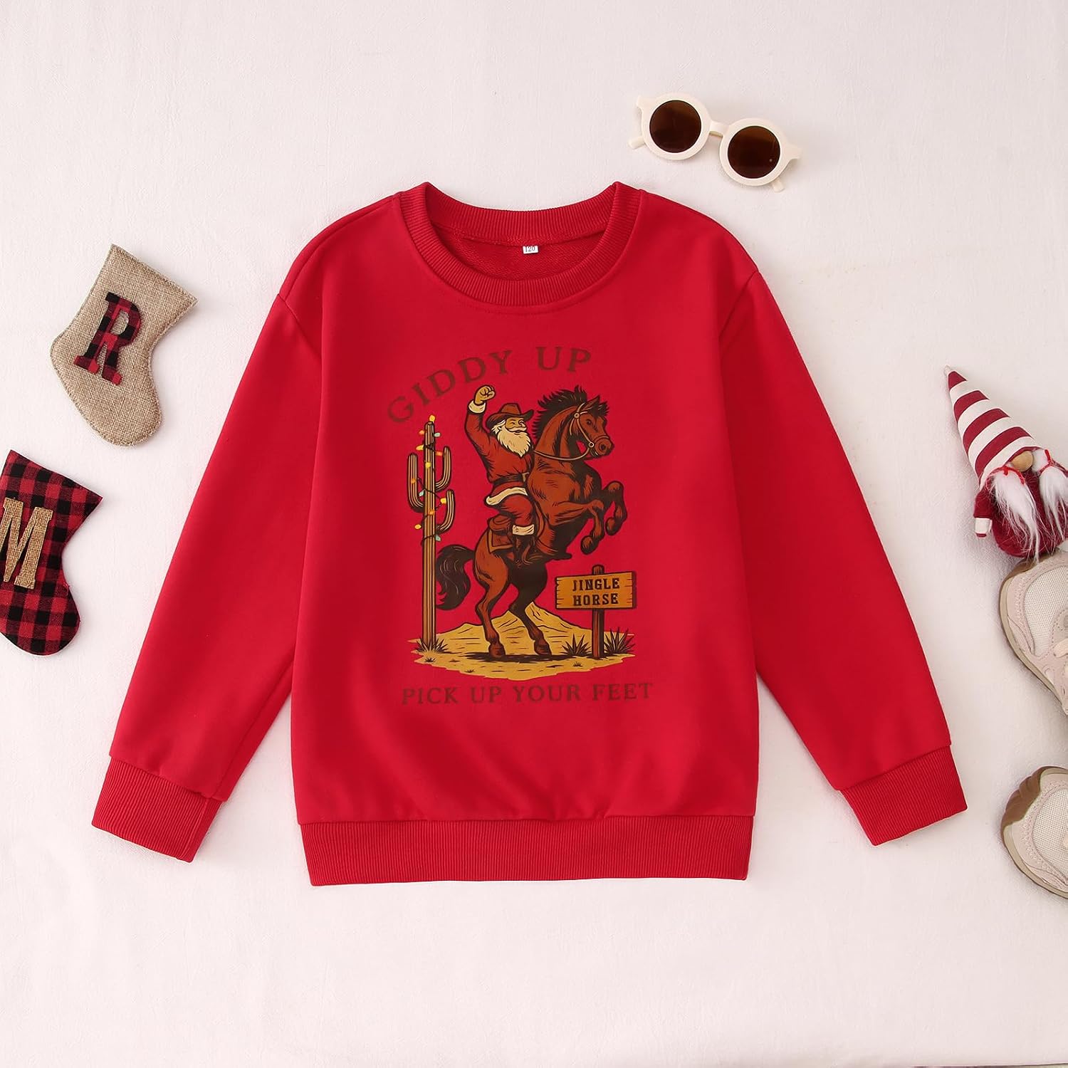 CM C&M WODRO Cowboy Christmas Sweatshirt for Boy Girl Kid Western Giddy Up Jingle Horse Pick Up Your Feet Xmas Holiday Outfit