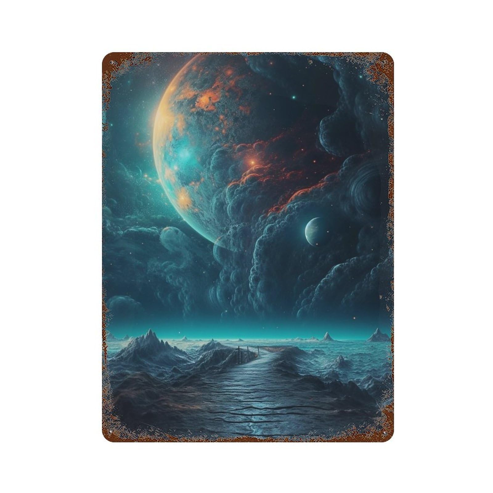 Vintage Rust Metal Sign Alien Planet Landscape 15.7"x11.8", Retro Wall Decor for Patio, Garden Room And Bar Decor